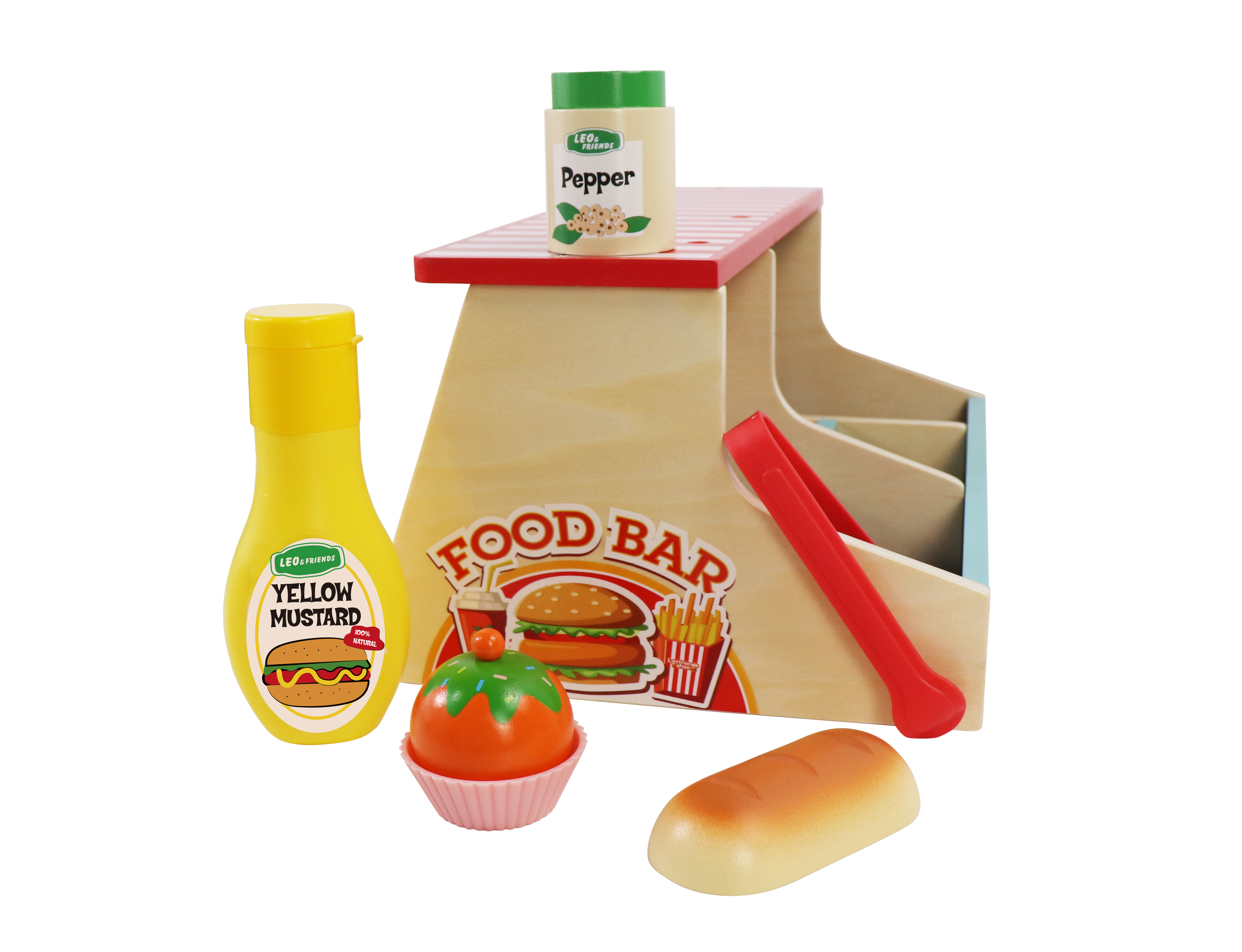 Leo and Friends 40 Pcs Wooden Play Food Set - Snack Counter with Fountain Drink Dispenser, Pretend Play Store Kitchen Toy - Wooden Burger Shop for Boys and Girls Ages 3+ - Early Learning Toy