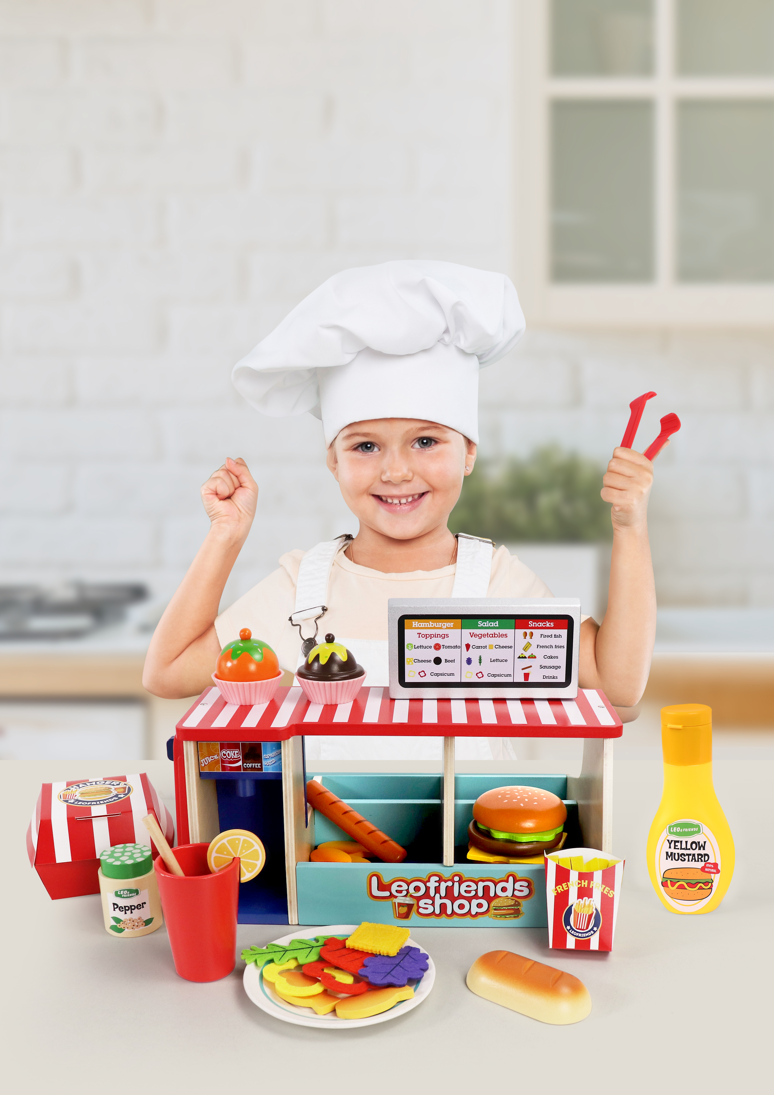 Leo and Friends 40 Pcs Wooden Play Food Set - Snack Counter with Fountain Drink Dispenser, Pretend Play Store Kitchen Toy - Wooden Burger Shop for Boys and Girls Ages 3+ - Early Learning Toy