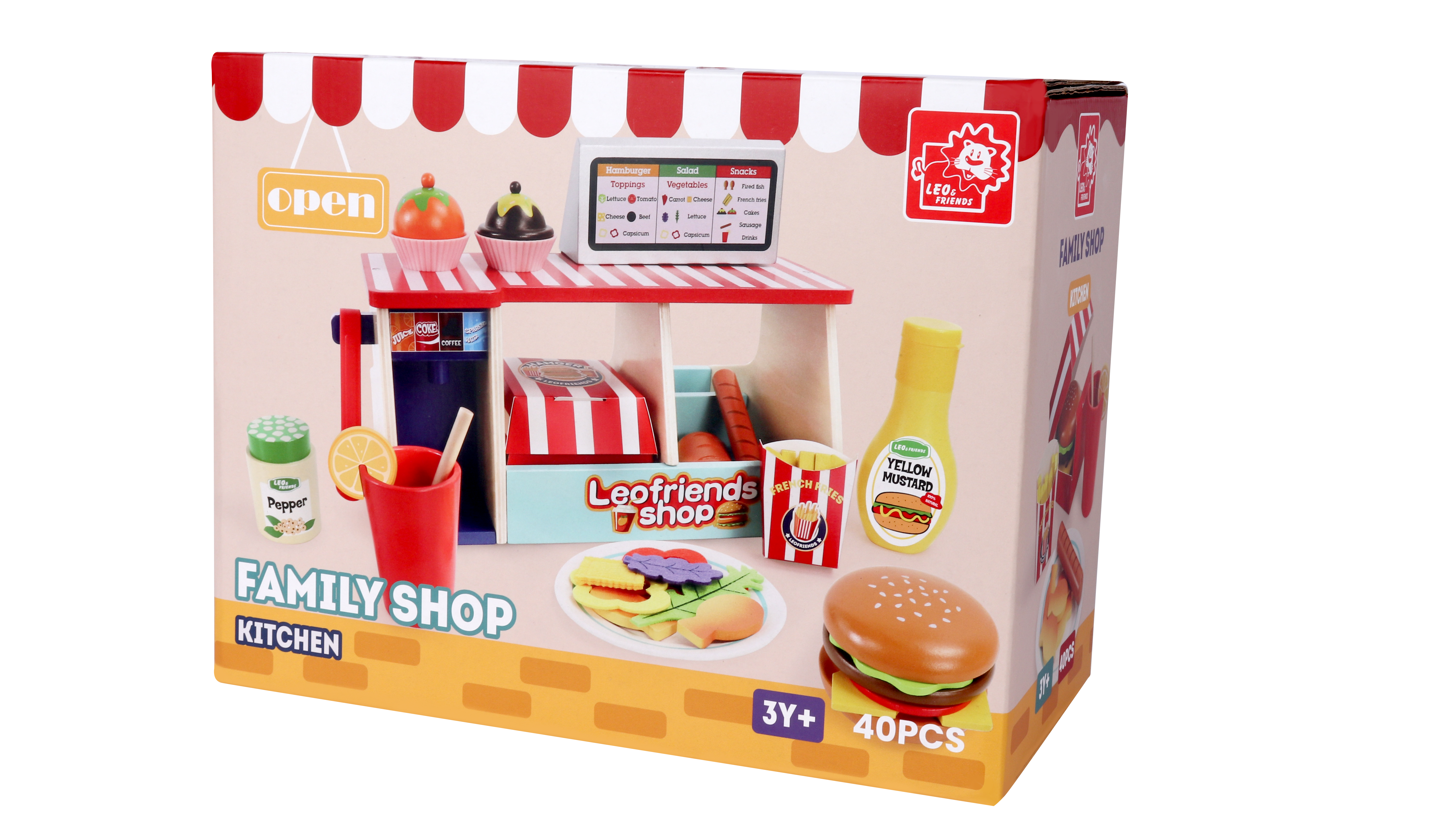 Leo and Friends 40 Pcs Wooden Play Food Set - Snack Counter with Fountain Drink Dispenser, Pretend Play Store Kitchen Toy - Wooden Burger Shop for Boys and Girls Ages 3+ - Early Learning Toy