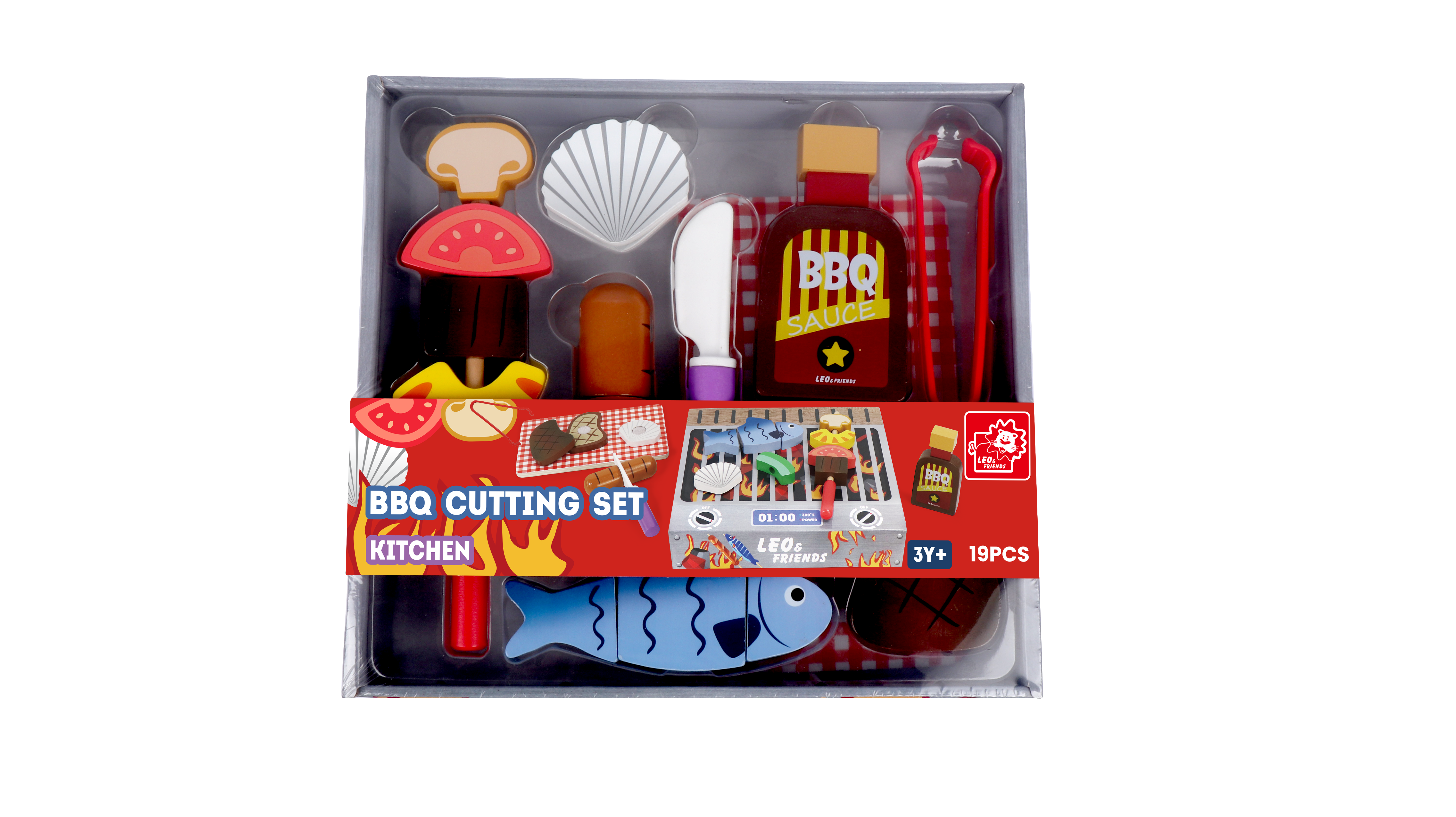 Leo and Friends Wooden Play Grill and Serve BBQ Playset (19 Pcs) - Toy Kitchen Accessories for Kids - BBQ cutting set - Perfect Gift for Ages 3 to 5 -Birthday Kid Indoor Outdoor Play Toys Gift Idea