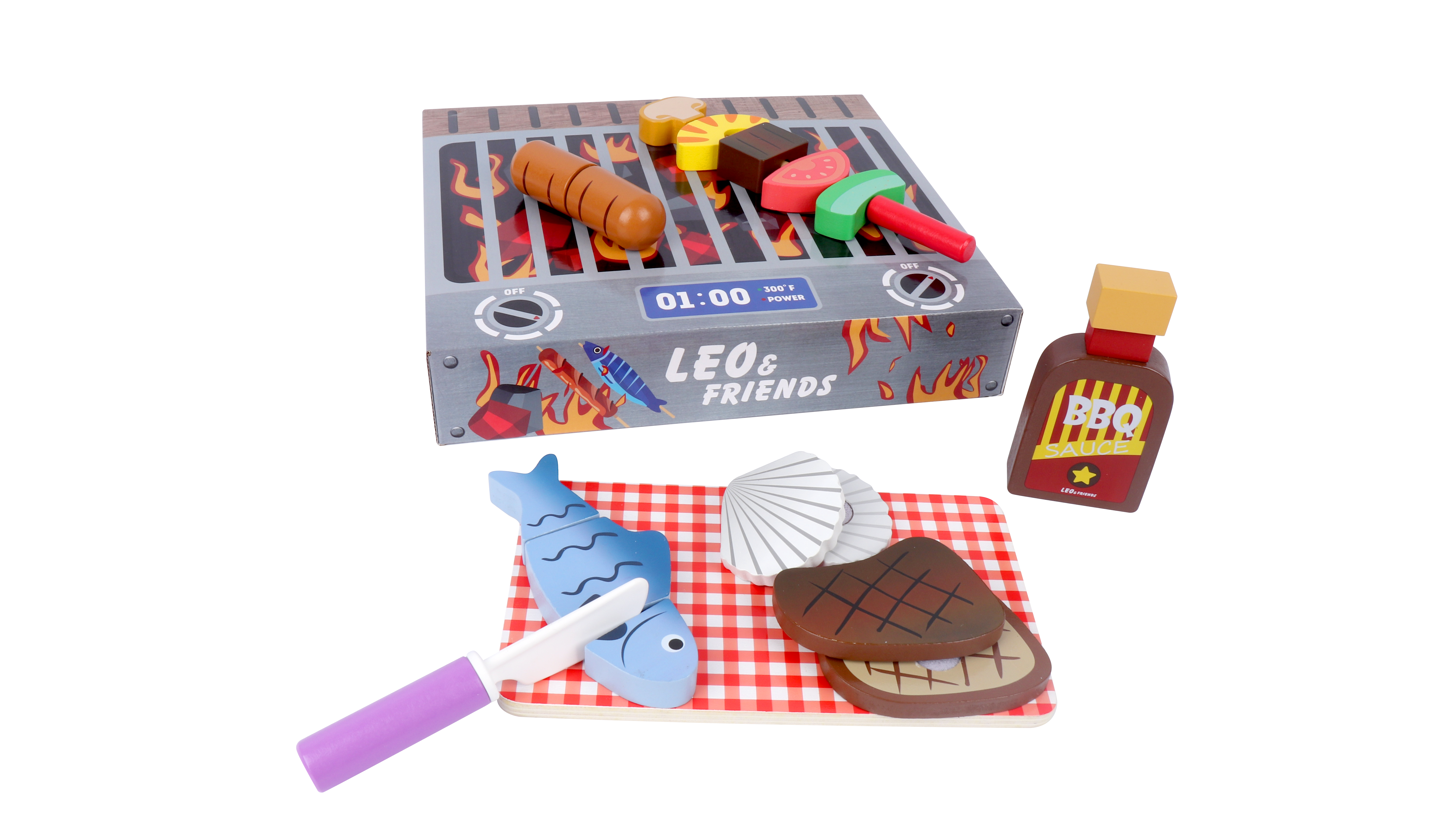 Leo and Friends Wooden Play Grill and Serve BBQ Playset (19 Pcs) - Toy Kitchen Accessories for Kids - BBQ cutting set - Perfect Gift for Ages 3 to 5 -Birthday Kid Indoor Outdoor Play Toys Gift Idea