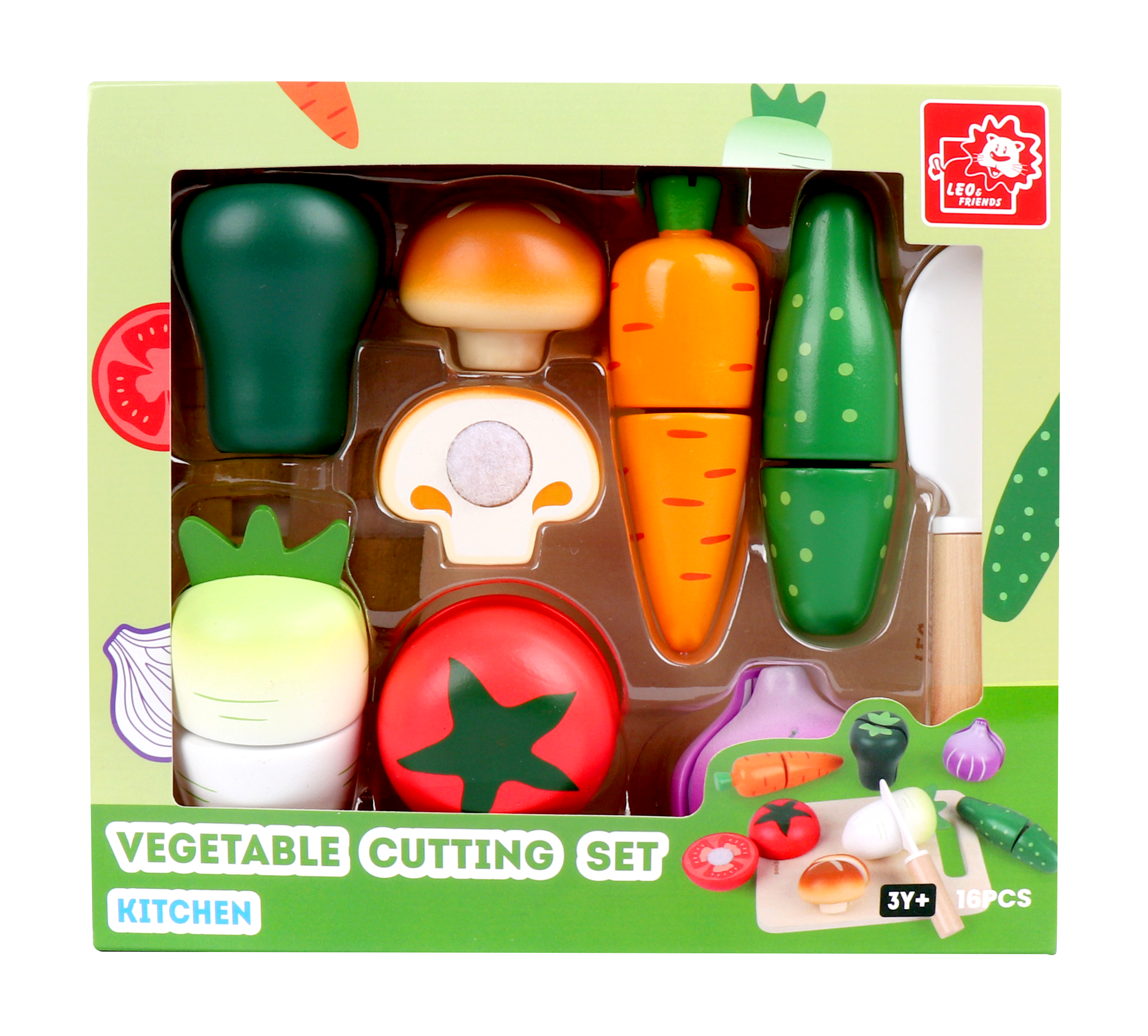 Leo and Friends Wooden Wooden Play Food Set for Toddlers - Vegetable Cutting Set for Boys & Girls - Educational Pretend Play Food with Knife and Chopping Board - Perfect Gift for Kids