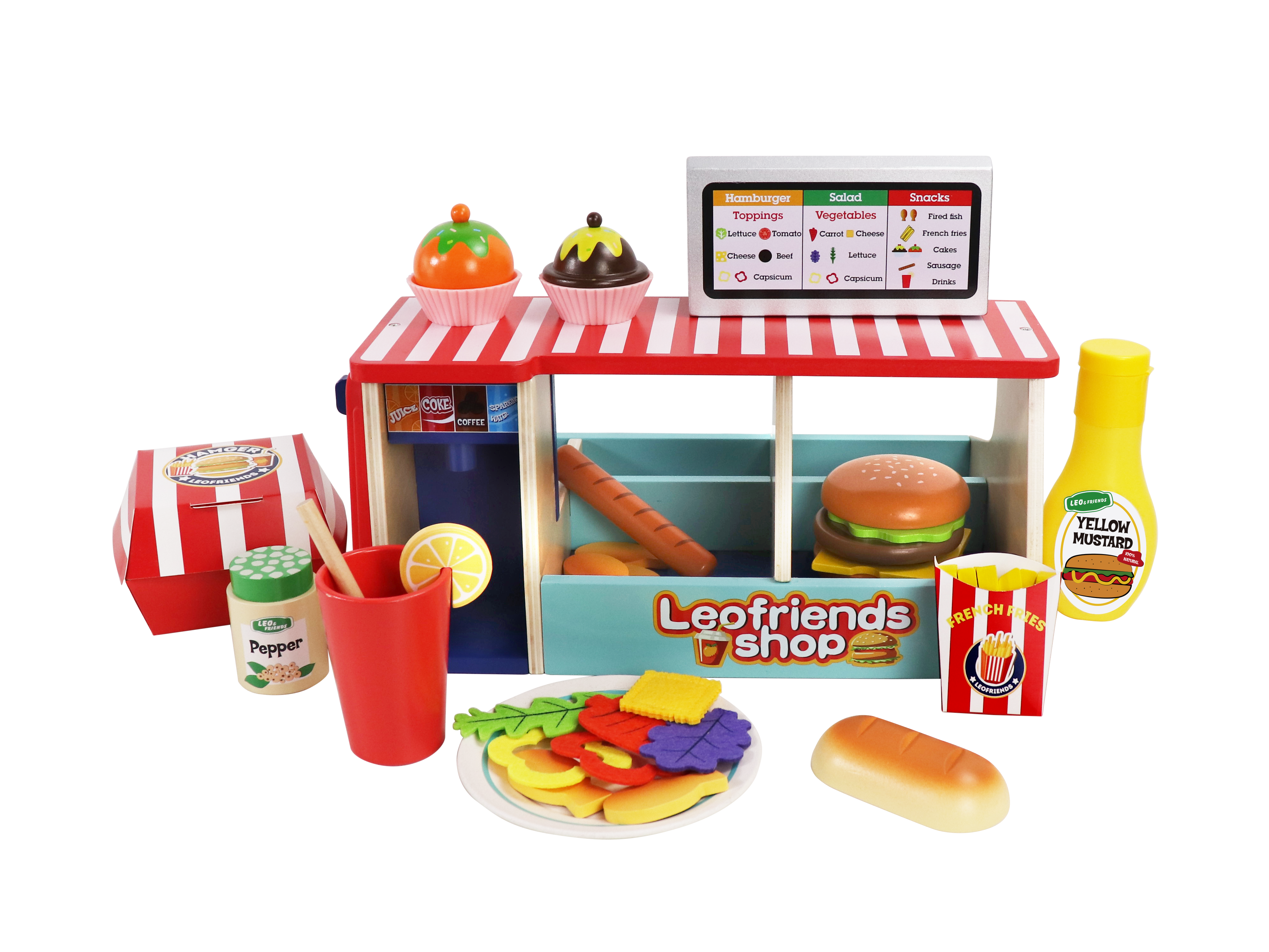 Leo and Friends 40 Pcs Wooden Play Food Set - Snack Counter with Fountain Drink Dispenser, Pretend Play Store Kitchen Toy - Wooden Burger Shop for Boys and Girls Ages 3+ - Early Learning Toy
