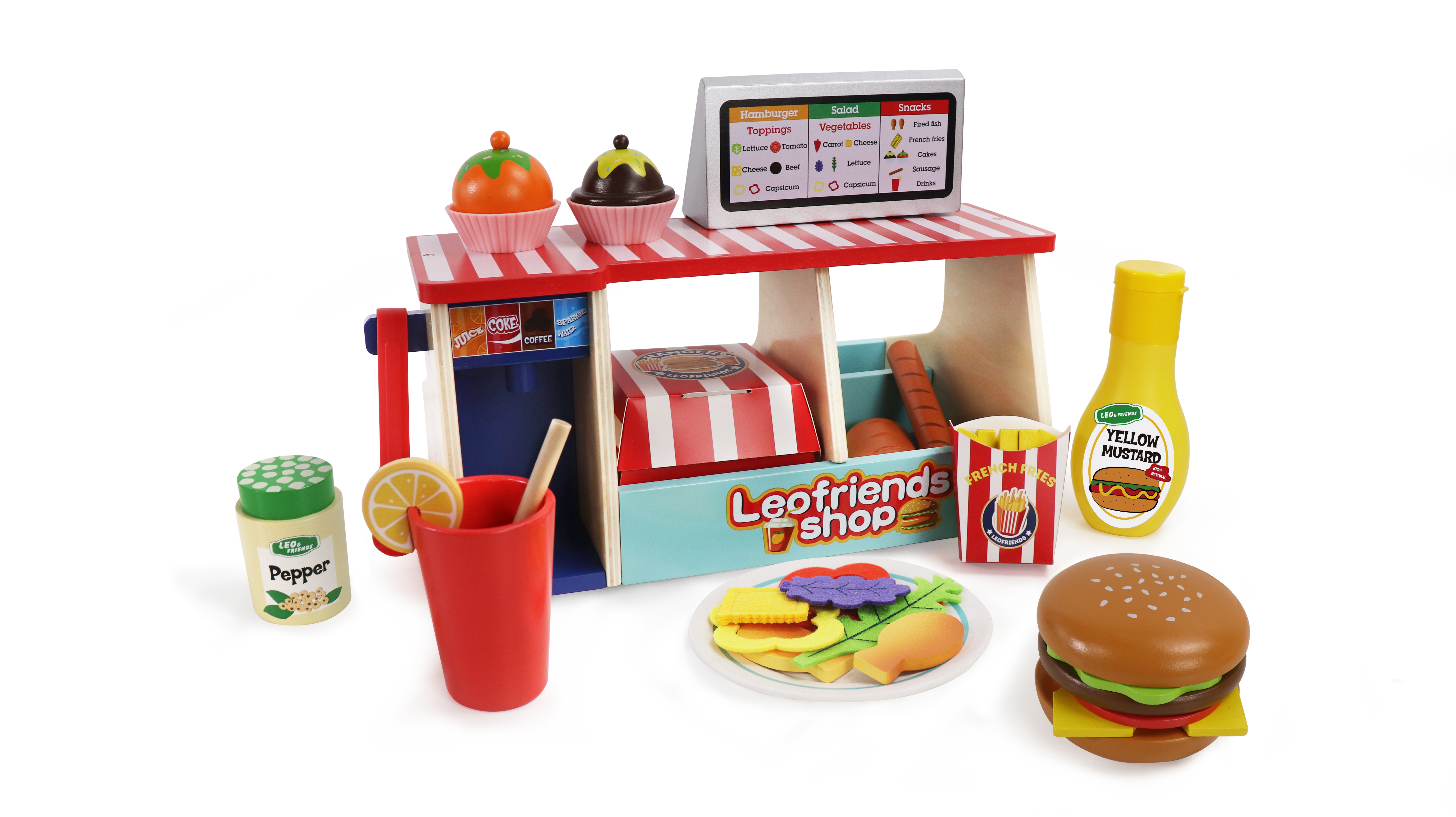 Leo and Friends 40 Pcs Wooden Play Food Set - Snack Counter with Fountain Drink Dispenser, Pretend Play Store Kitchen Toy - Wooden Burger Shop for Boys and Girls Ages 3+ - Early Learning Toy