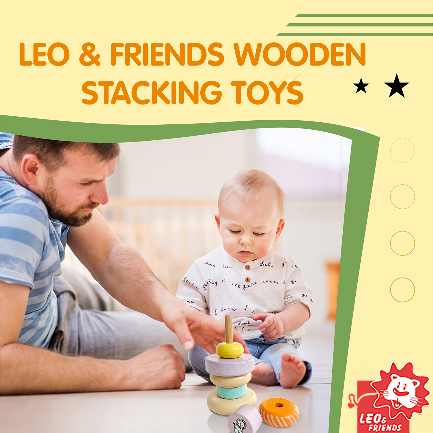 Leo & Friends Wooden Stacking Toys, 6 Wooden Rings, 1 Lion Crown On Top | Montessori-Approved Education Kid’s Ring Stacking Tower, Perfect Christmas or Birthday Present