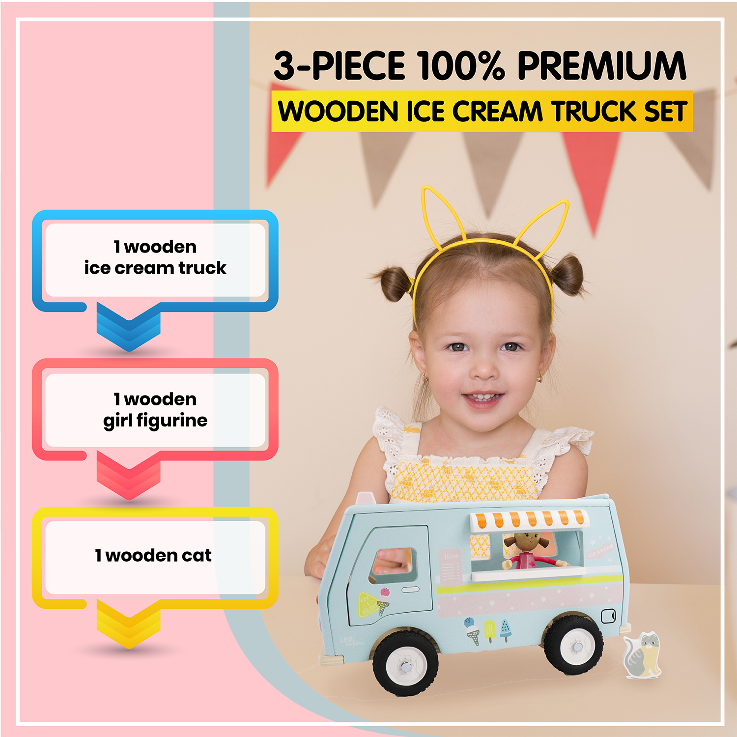 L&F Wooden Ice Cream Van, 3-Piece Set, for Toddlers 3-Years+ | Wooden Doll House Dolly Ice Cream Van Play Set | Educational Ice Cream Truck Playset, Perfect Birthday or Christmas Present