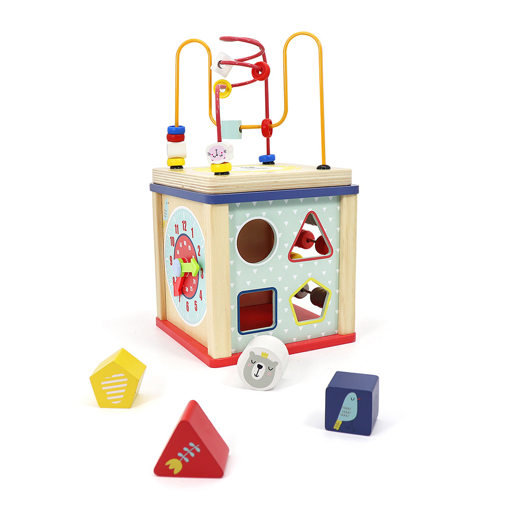 LEO & FRIENDS Wooden Activity Toy for 1, 2 Year-Old-Girls, Educational Preschool Shape Sorter and Maze Toy | Montessori Bead Maze and Versatile Kid’s Sensory Immersion Cube | Perfect Christmas or Birthday Gift