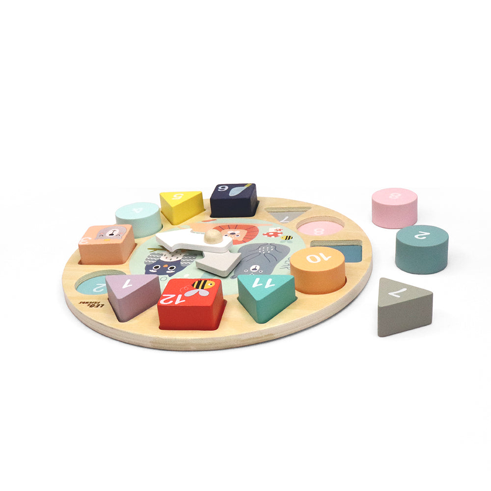 Leo & Friends Shape Sorting Clock with Removable Number Blocks 1-12 Included | Learn How to Tell Time, Premium Wooden Educational Toy | Fun Puzzle Stacking and Sorting for Children Ages 3+
