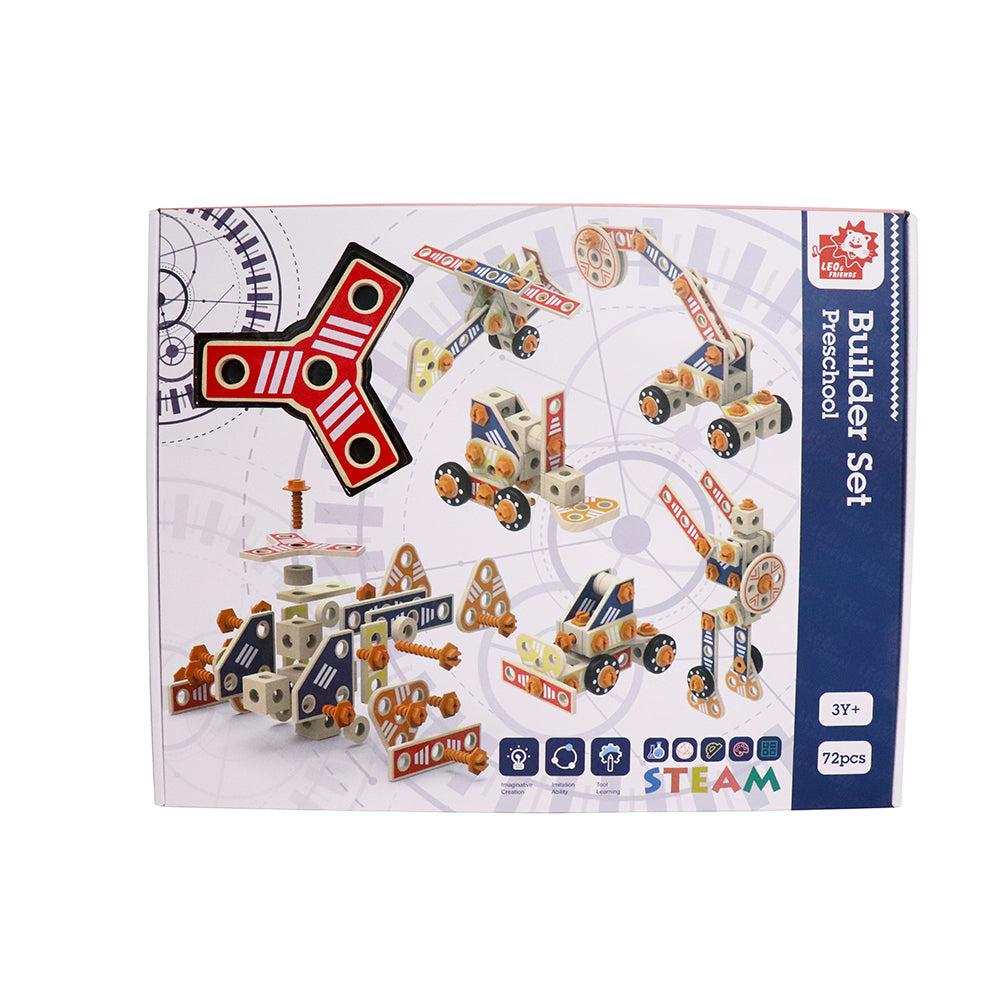 Leo & Friends Builder Set, 72-Piece Toddler Play Kit for Boys and Girls | Wooden Builder Construction Set, Perfect Birthday or Holiday Present | Safe, Non Toxic Sustainable Wood and Water-Based Paint Used