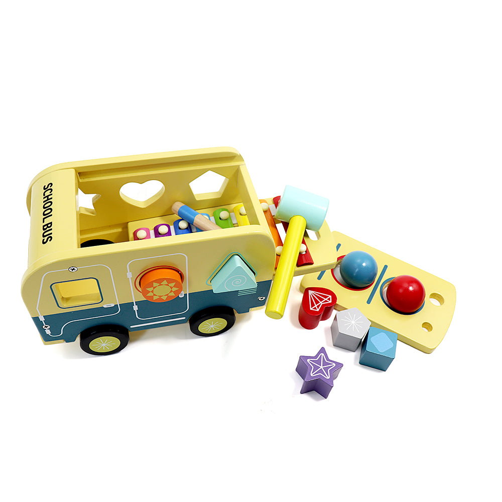 Leo & Friends School Bus Pound and Tap Bus Bench, Wooden Toy Bus with Slide Out Xylophone | Durable Musical Pounding Toy | 8 Colorful Blocks, 1 Hammer, and 1 Rainbow Xylophone Included | Perfect Educational Gift for Toddlers