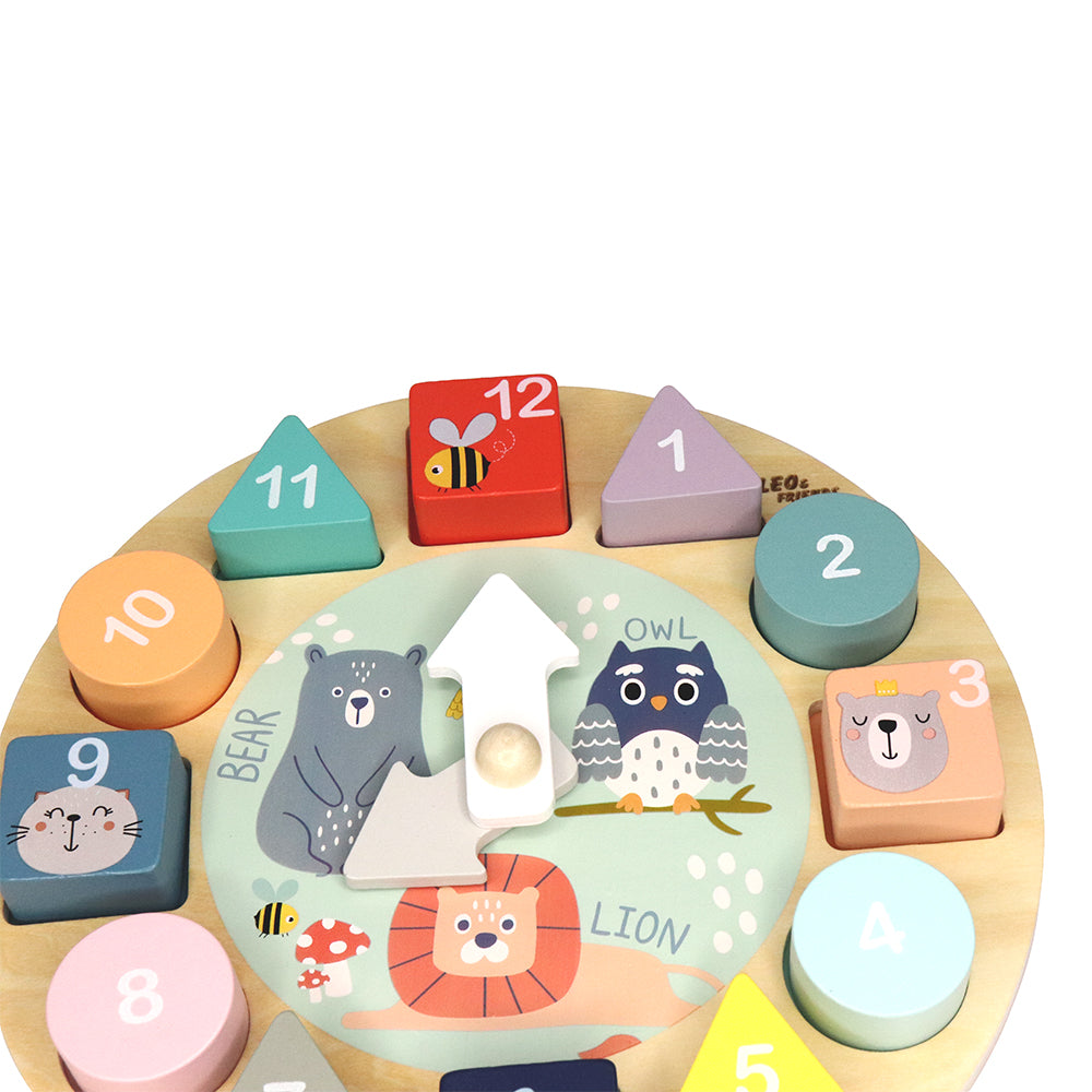 Leo & Friends Shape Sorting Clock with Removable Number Blocks 1-12 Included | Learn How to Tell Time, Premium Wooden Educational Toy | Fun Puzzle Stacking and Sorting for Children Ages 3+