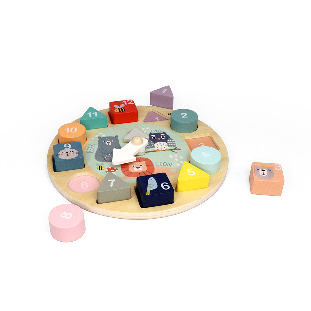 Leo & Friends Shape Sorting Clock with Removable Number Blocks 1-12 Included | Learn How to Tell Time, Premium Wooden Educational Toy | Fun Puzzle Stacking and Sorting for Children Ages 3+