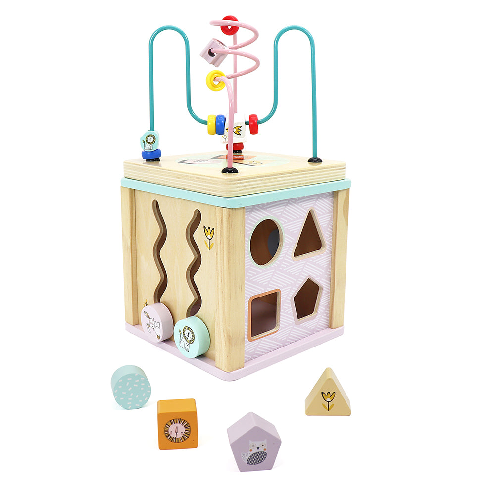 LEO & FRIENDS Wooden Activity Toy for 1, 2 Year-Old-Girls, Educational Preschool Shape Sorter and Maze Toy | Montessori Bead Maze and Versatile Kid’s Sensory Immersion Cube | Perfect Christmas or Birthday Gift
