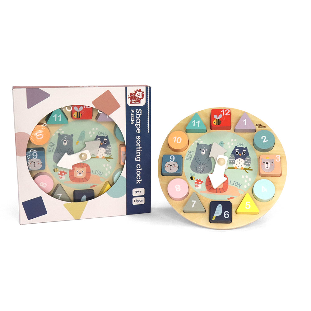 Leo & Friends Shape Sorting Clock with Removable Number Blocks 1-12 Included | Learn How to Tell Time, Premium Wooden Educational Toy | Fun Puzzle Stacking and Sorting for Children Ages 3+