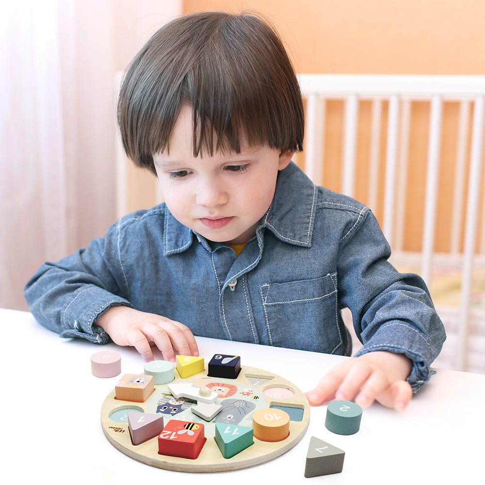 Leo & Friends Shape Sorting Clock with Removable Number Blocks 1-12 Included | Learn How to Tell Time, Premium Wooden Educational Toy | Fun Puzzle Stacking and Sorting for Children Ages 3+