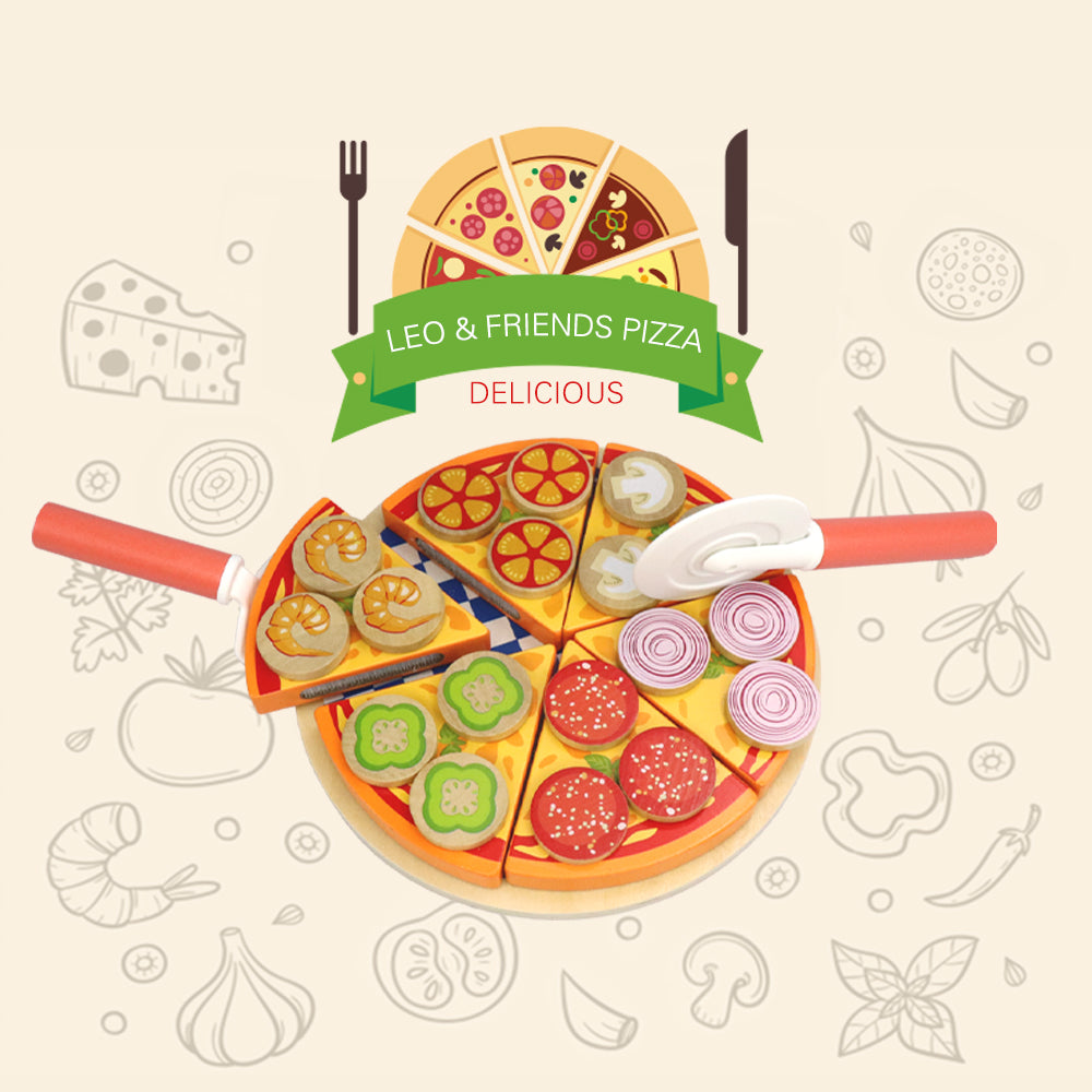 Leo & Friends 27-Piece Kid’s Pizza Toy Set | Play Pretend Pizza Toy Slices, Toppings, Pizza Cutter for Toddlers | Perfect Kid’s Cooking Toy Kit for Birthdays, Holidays