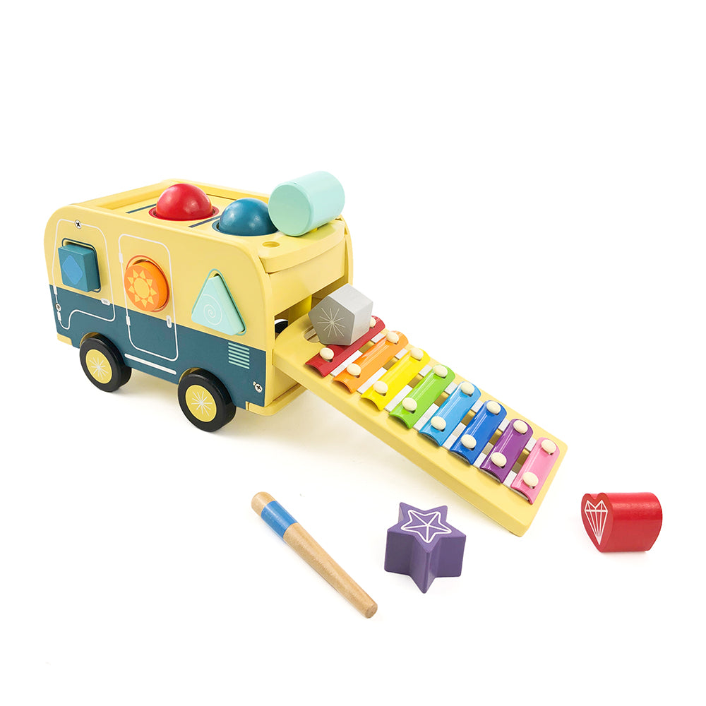 Leo & Friends School Bus Pound and Tap Bus Bench, Wooden Toy Bus with Slide Out Xylophone | Durable Musical Pounding Toy | 8 Colorful Blocks, 1 Hammer, and 1 Rainbow Xylophone Included | Perfect Educational Gift for Toddlers