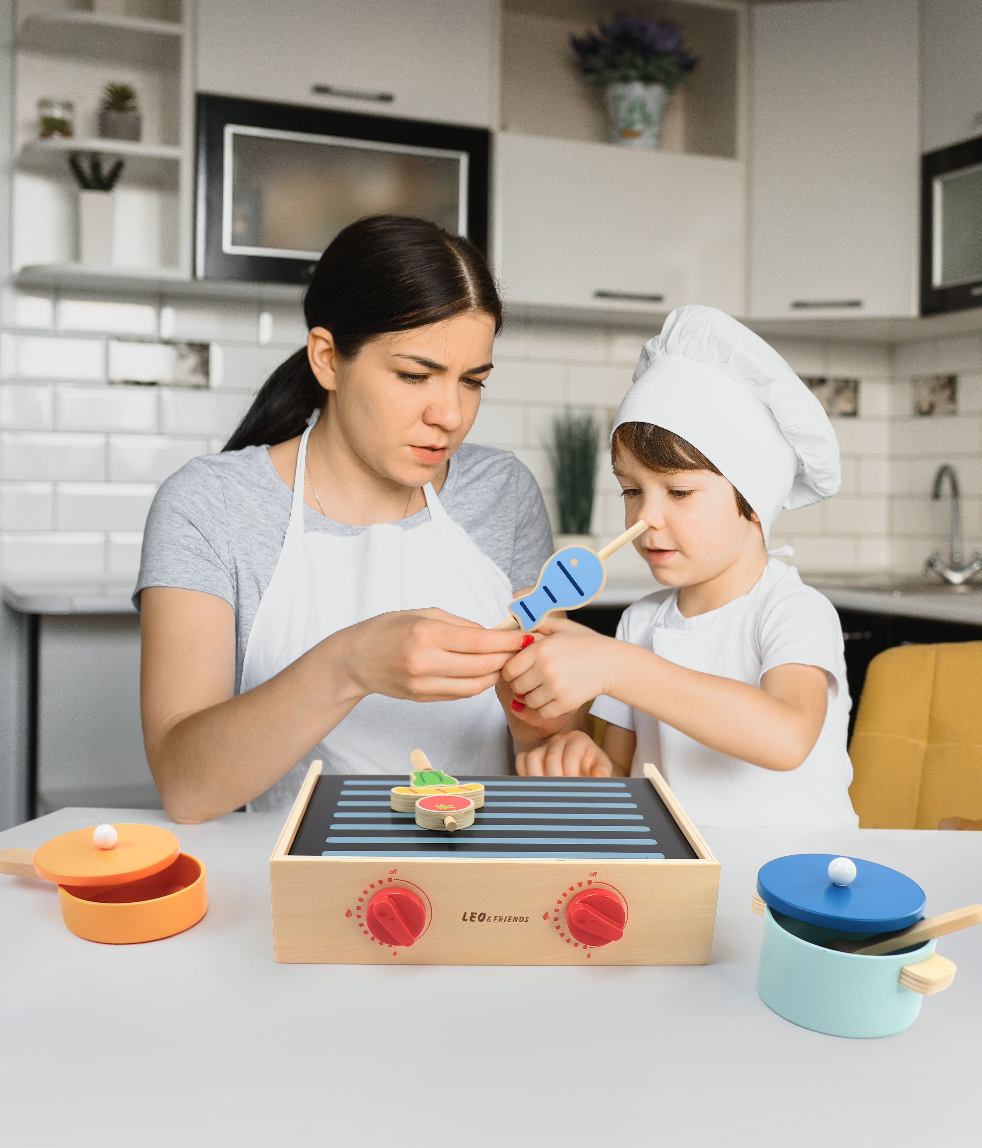 2-in-1 Mini Kitchen Wooden Play Set with 15-Pieces Included