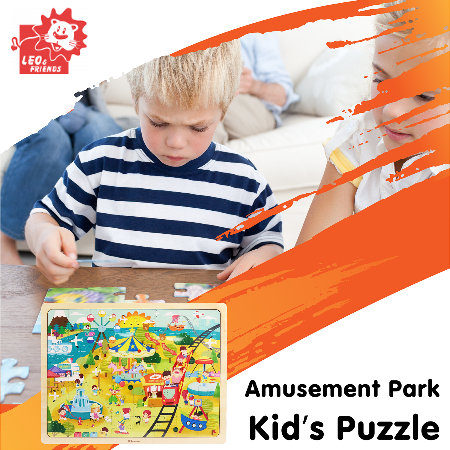 Leo & Friends Amusement Park Kid’s Puzzle, 48-Pieces for 3-Years-Old+ | Promotes Dexterity, Problem-Solving, and Creativity | Durable Wooden Puzzle Kit, Educational Gift for Kids Ages 3-6