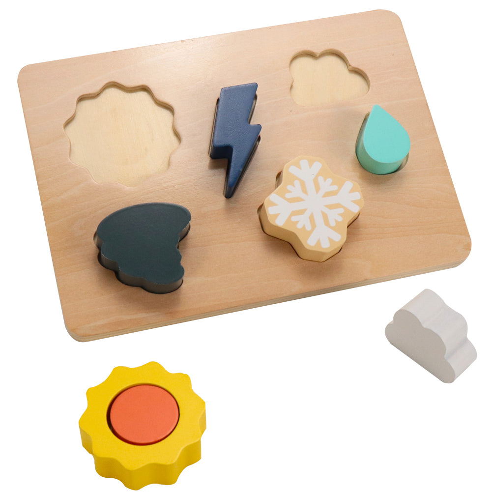 L&F Weather Shape Puzzle Kit with 6 Weather Wooden Pieces and 1 Board | Developmental Toy Set for 2, 3, 4, 5, and 6-Year-Olds, Toddlers, Preschoolers, and Kids | Made with Non-Toxic Wood