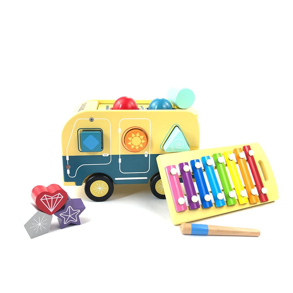 Leo & Friends School Bus Pound and Tap Bus Bench, Wooden Toy Bus with Slide Out Xylophone | Durable Musical Pounding Toy | 8 Colorful Blocks, 1 Hammer, and 1 Rainbow Xylophone Included | Perfect Educational Gift for Toddlers