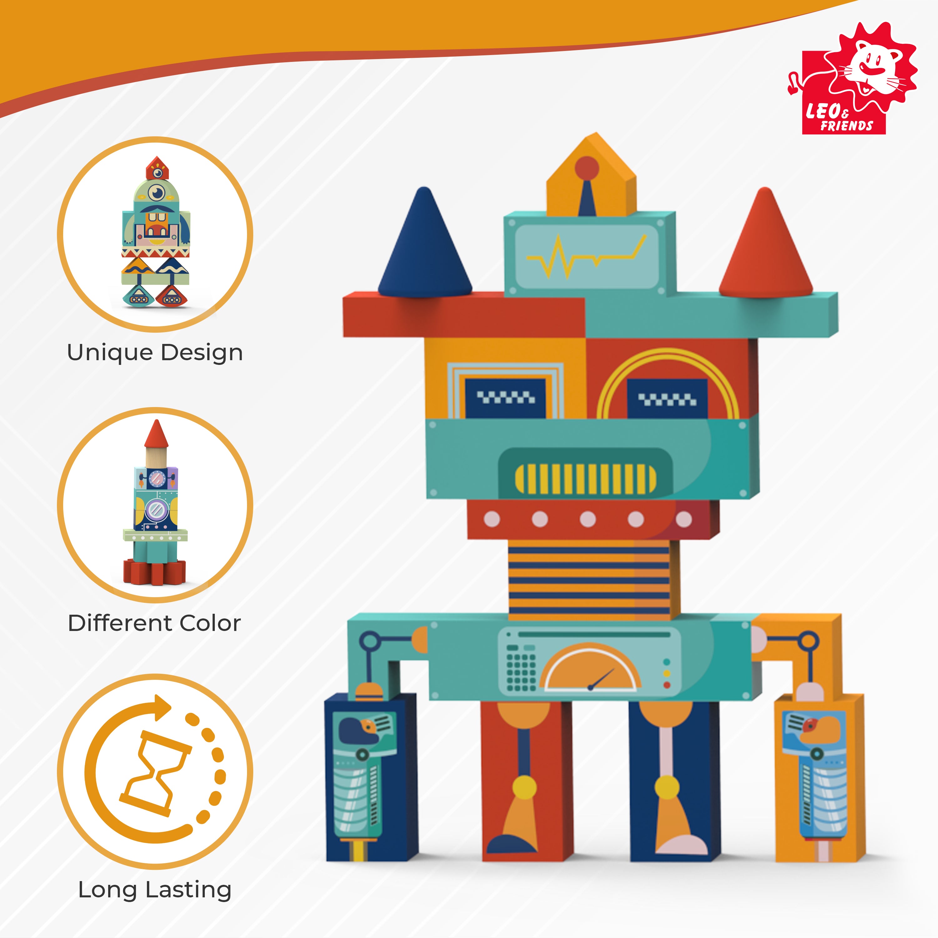 Leo & Friends Universe Creative Blocks, Colorful Wooden Building Blocks for Toddlers and Children