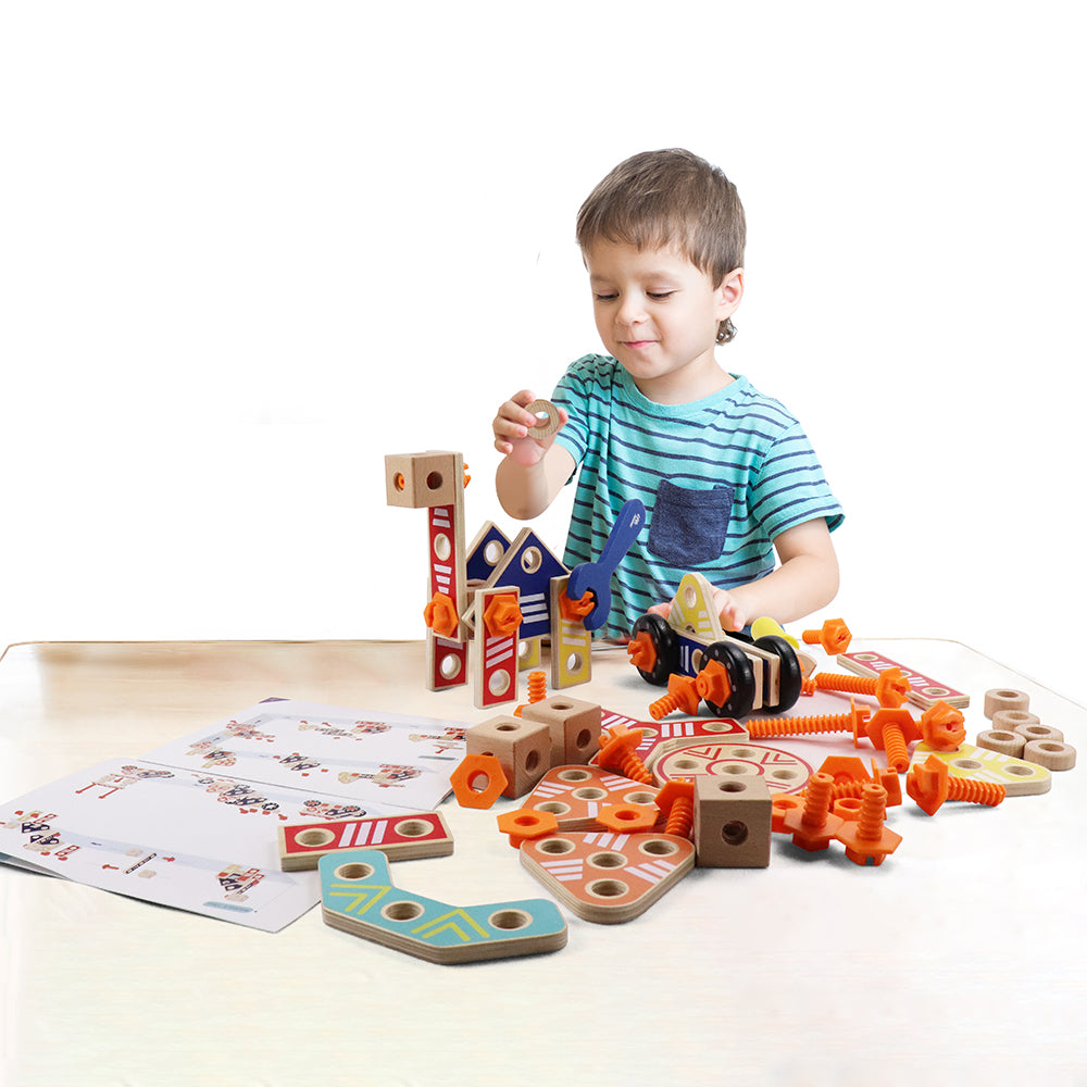 Leo & Friends Builder Set, 72-Piece Toddler Play Kit for Boys and Girls | Wooden Builder Construction Set, Perfect Birthday or Holiday Present | Safe, Non Toxic Sustainable Wood and Water-Based Paint Used