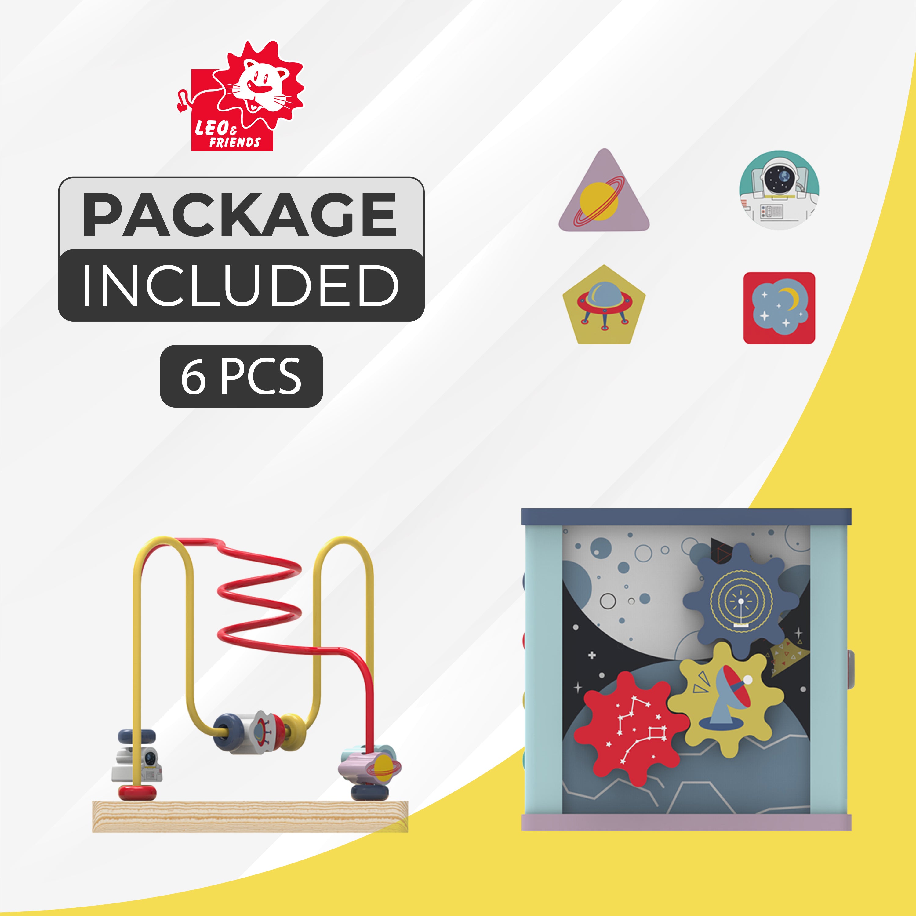 Leo & Friends Toddler Wooden Space Activity Cube, 6-Piece Educational Play Set, and Puzzle | Baby Toy with Bead Maze for Boys and Girls | Endless Activity Options, Perfect Birthday Present