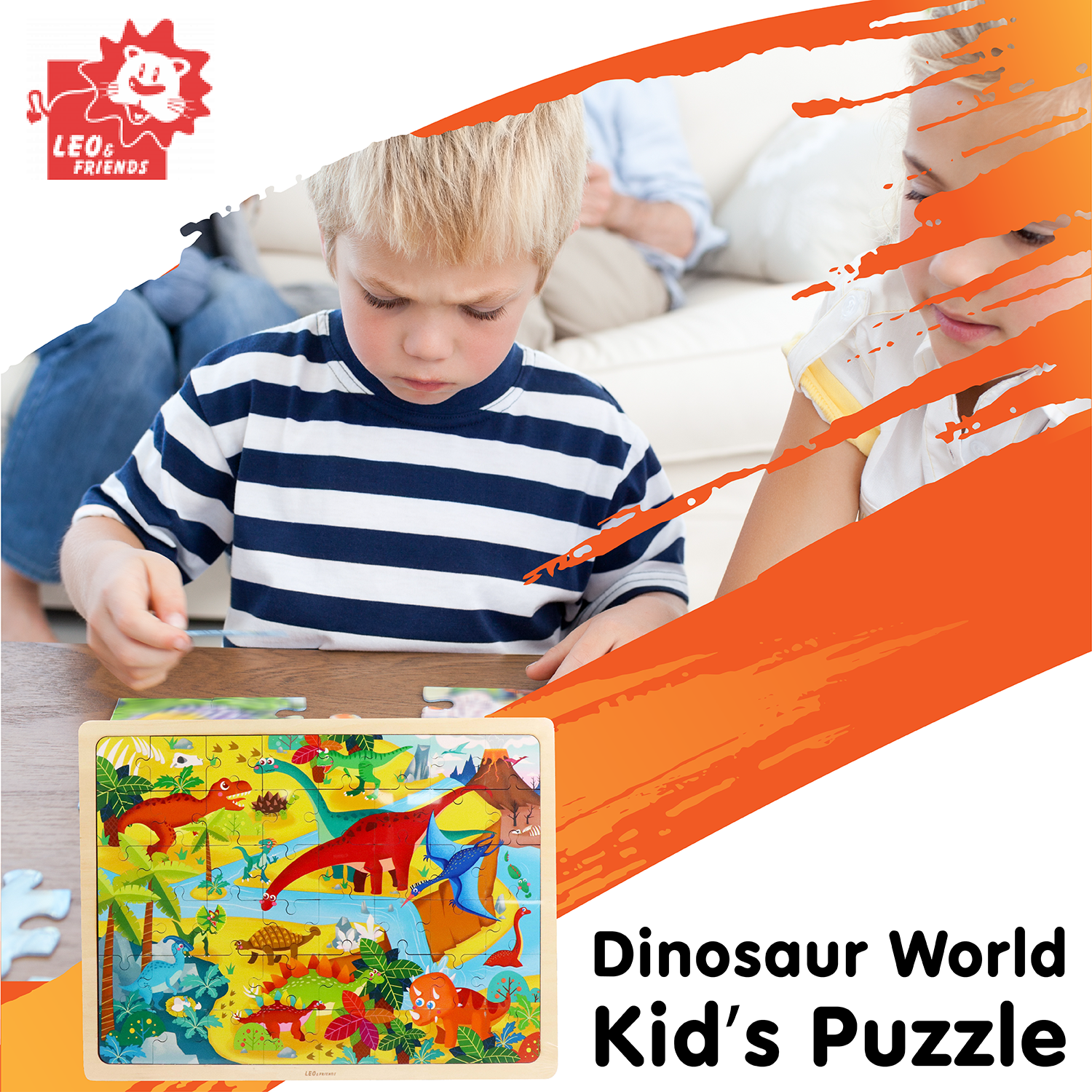 Leo & Friends Dinosaur World Kid’s Puzzle, 48-Pieces for 3-Years-Old+ | Promotes Dexterity, Problem-Solving, and Creativity | Durable Wooden Puzzle Kit, Educational Gift for Kids Ages 3-6