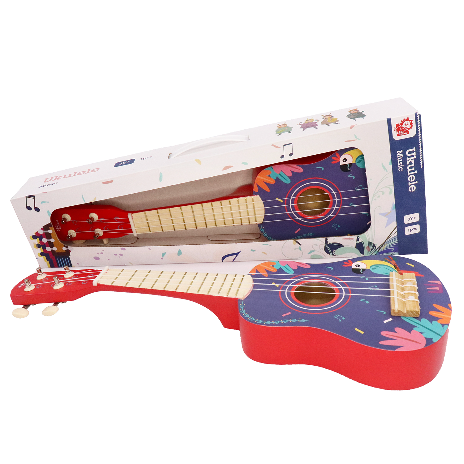 Leo & Friends Wooden Ukulele for Toddlers | Made with Non-Toxic Wood, Colorful Red & Purple Design with Parrots | Perfect Educational Music Toy for Girls and Boys, Includes Strings for Strumming