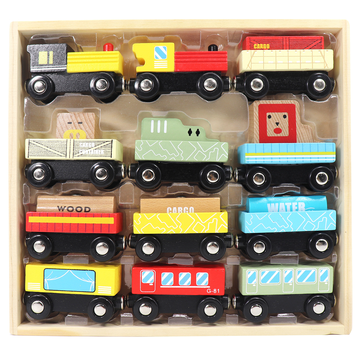 12-Piece Wooden Train Set for Kids, Ages 2, 3, 4, 5, and 6, Perfect for Preschoolers or Kid’s Birthday/Christmas Present | Includes Train Cars, Wagons, Freight Trucks, Magnet Connectors, Made with Non-Toxic Wood