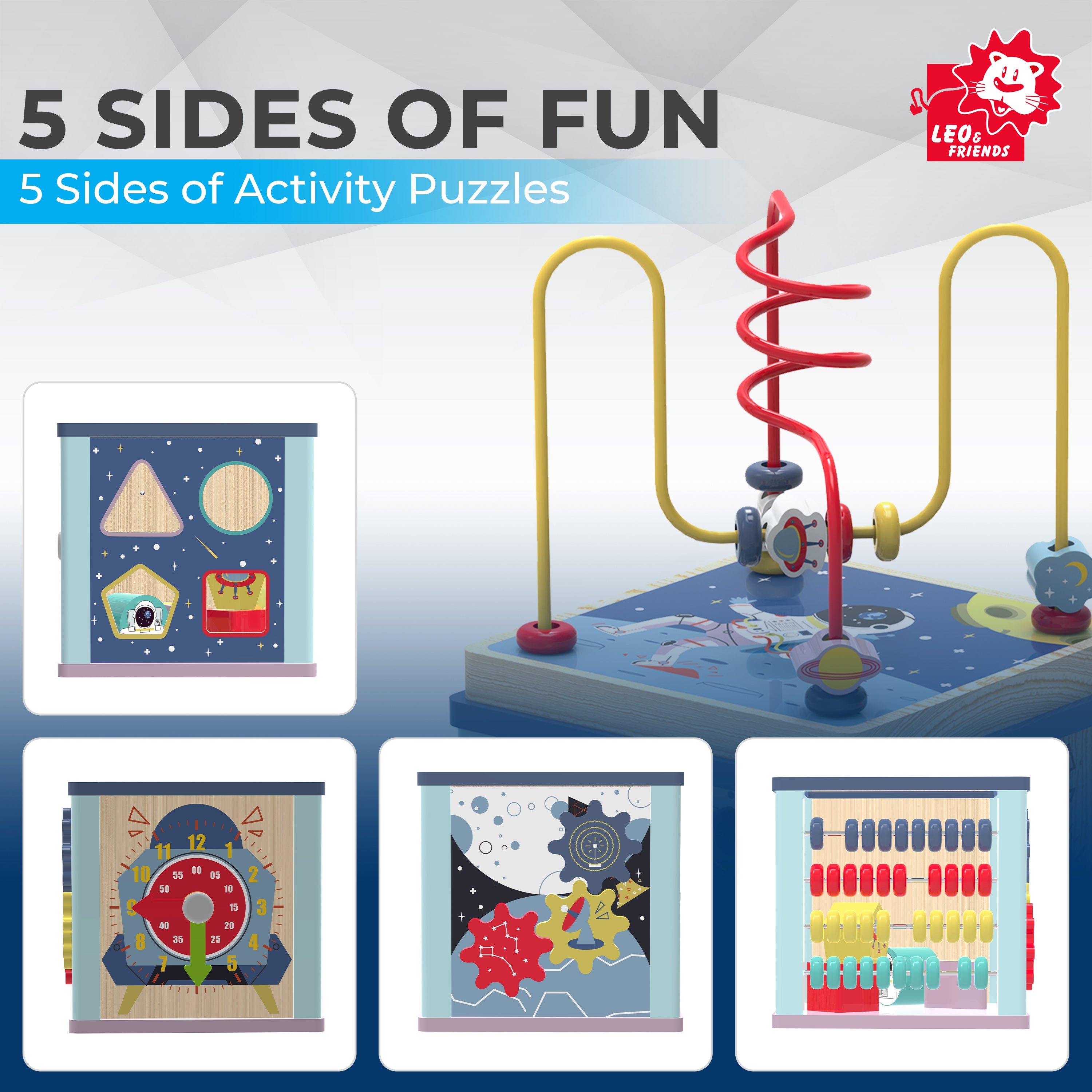 Leo & Friends Toddler Wooden Space Activity Cube, 6-Piece Educational Play Set, and Puzzle | Baby Toy with Bead Maze for Boys and Girls | Endless Activity Options, Perfect Birthday Present