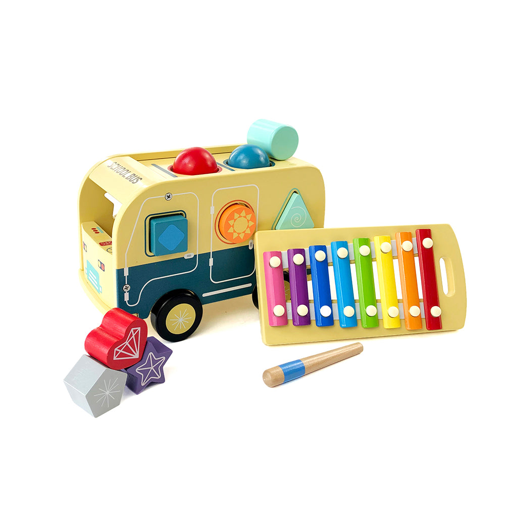 Leo & Friends School Bus Pound and Tap Bus Bench, Wooden Toy Bus with Slide Out Xylophone | Durable Musical Pounding Toy | 8 Colorful Blocks, 1 Hammer, and 1 Rainbow Xylophone Included | Perfect Educational Gift for Toddlers