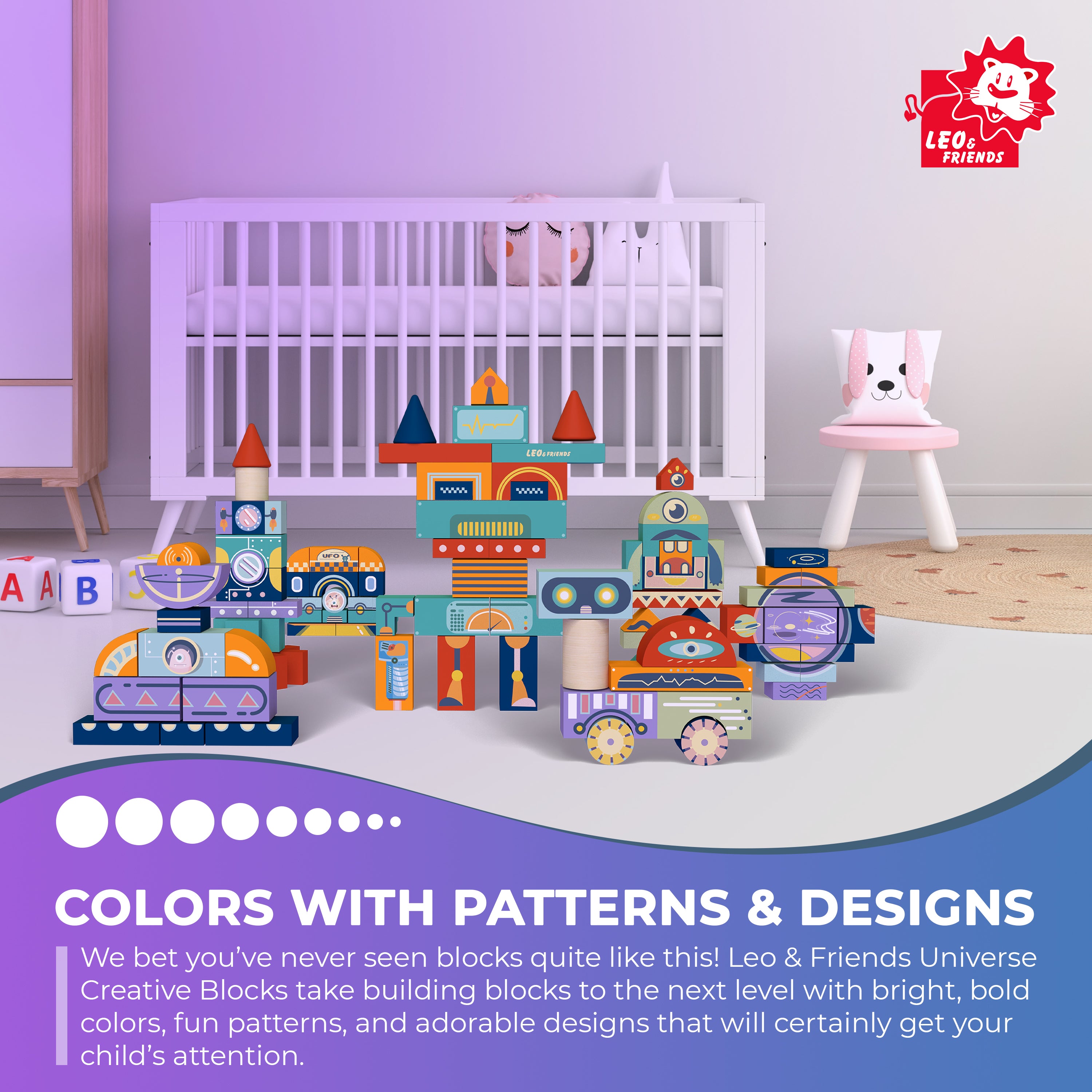 Leo & Friends Universe Creative Blocks, Colorful Wooden Building Blocks for Toddlers and Children
