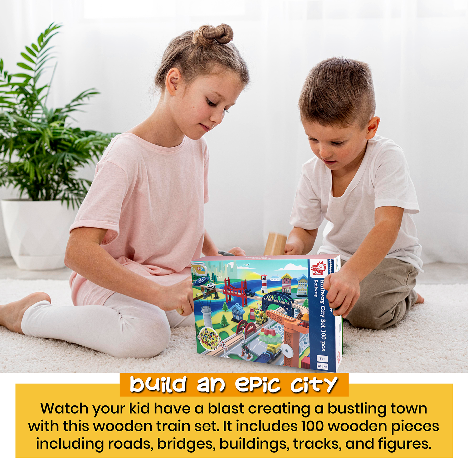Leo and Friends Railway City Set - Creative Construction Kit for Preschoolers - Wooden Building Blocks for Kids, Educational Train Toys for Active Learning - Gifts for Children Ages 3+ - 100 Pieces