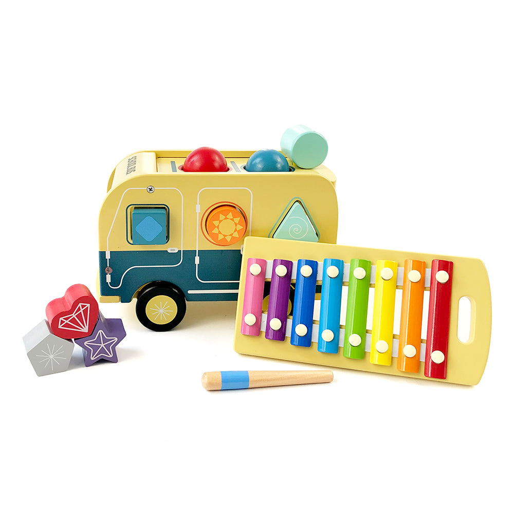 Leo & Friends School Bus Pound and Tap Bus Bench, Wooden Toy Bus with Slide Out Xylophone | Durable Musical Pounding Toy | 8 Colorful Blocks, 1 Hammer, and 1 Rainbow Xylophone Included | Perfect Educational Gift for Toddlers