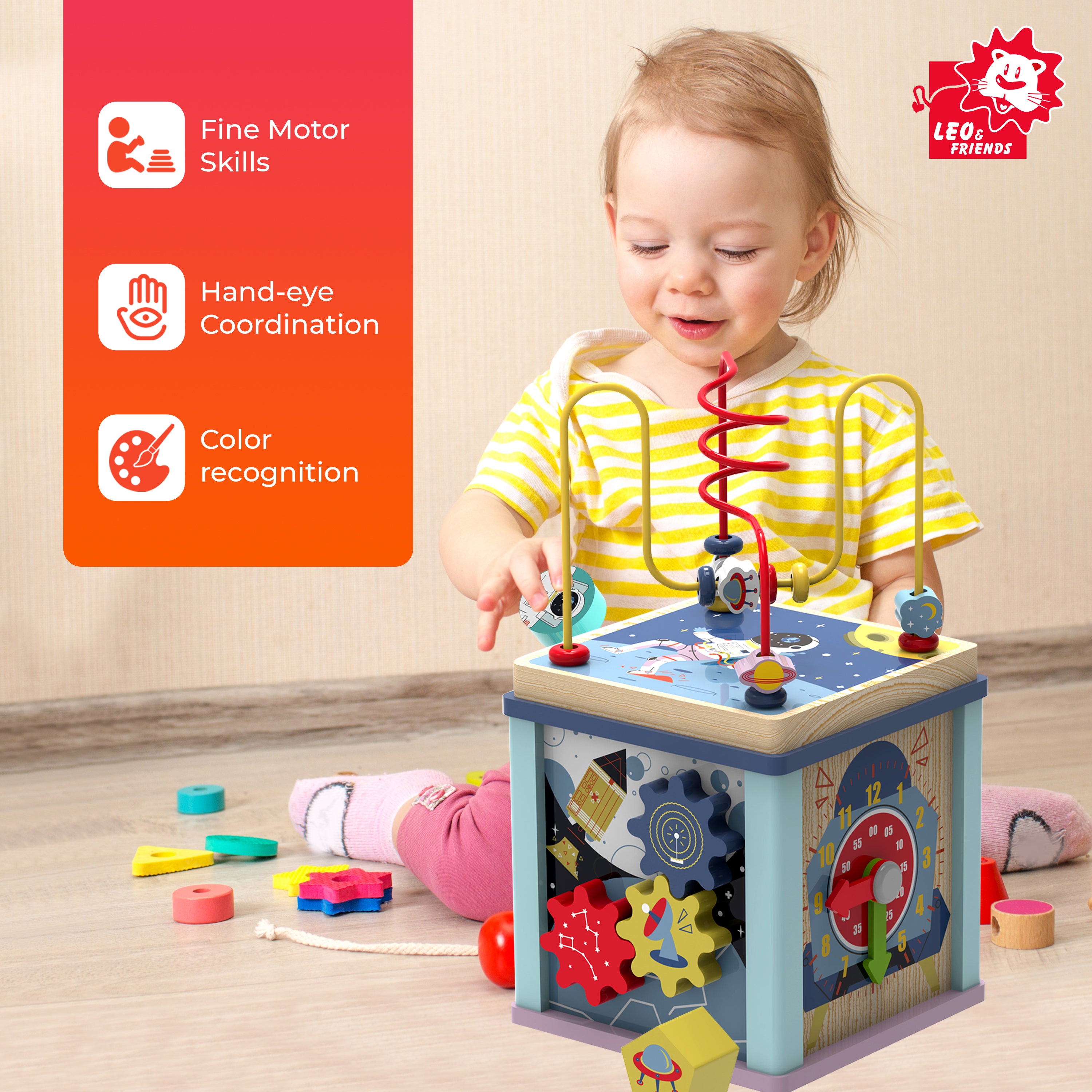 Leo & Friends Toddler Wooden Space Activity Cube, 6-Piece Educational Play Set, and Puzzle | Baby Toy with Bead Maze for Boys and Girls | Endless Activity Options, Perfect Birthday Present