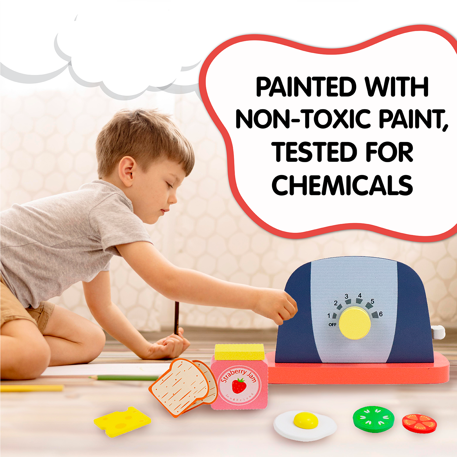 Leo & Friends Wooden Pop Up Toaster Set | 7 Piece Accessory Play Kitchen Wooden Toaster Toy for Children Ages 3-6 | Interactive Early Learning Made with High Quality Wood, Chemical-Free