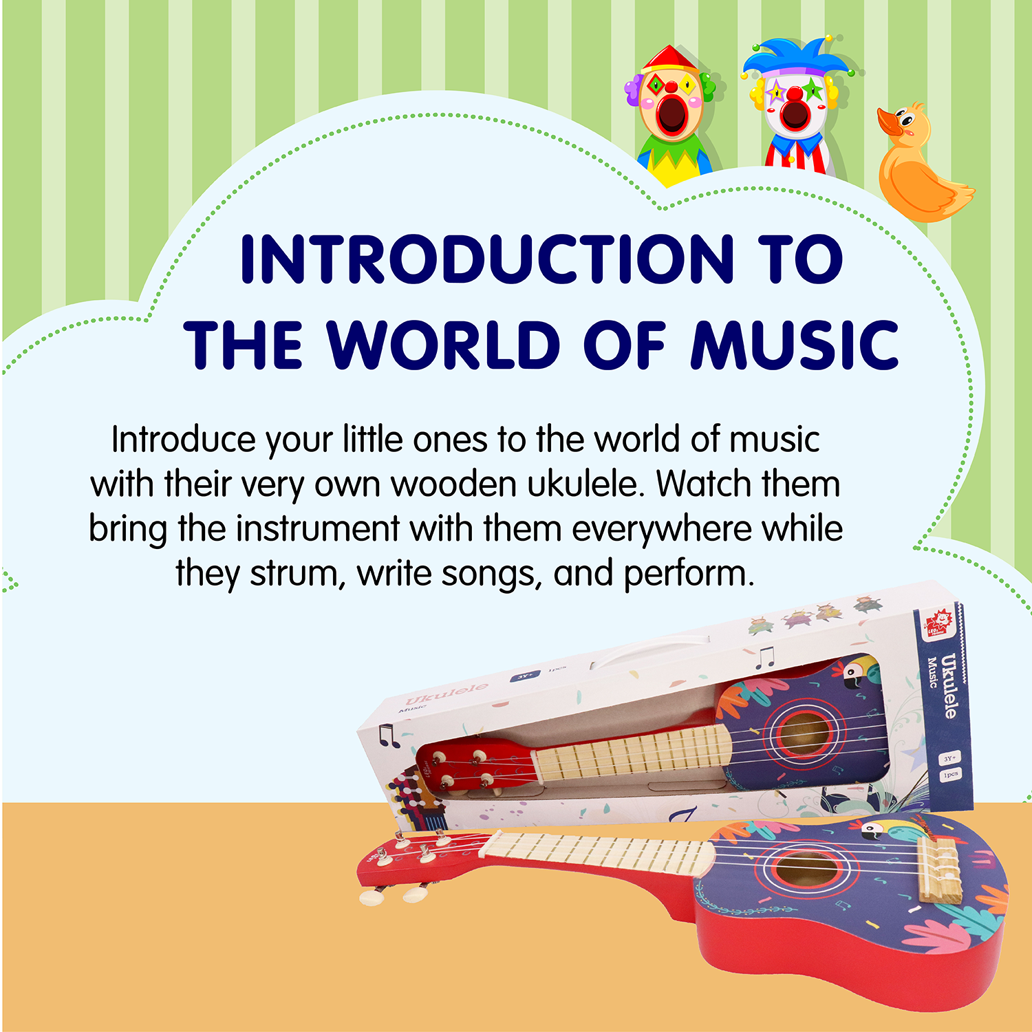 Leo & Friends Wooden Ukulele for Toddlers | Made with Non-Toxic Wood, Colorful Red & Purple Design with Parrots | Perfect Educational Music Toy for Girls and Boys, Includes Strings for Strumming