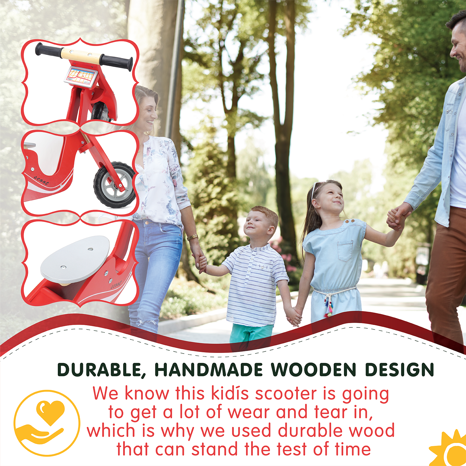 Kid’s Wooden Red Scoot Bike, Wonder Scooter Ride | Boys and Girls Toddler Balance Bike, Glider Style Wood Frame, No Pedal, for Kids 3, 4, 5, and 6-Years-Old | Perfect Birthday Present