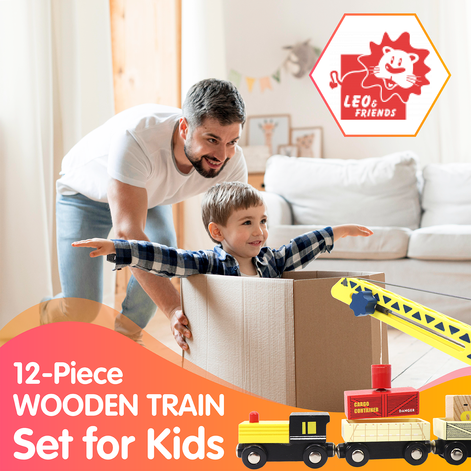 12-Piece Wooden Train Set for Kids, Ages 2, 3, 4, 5, and 6, Perfect for Preschoolers or Kid’s Birthday/Christmas Present | Includes Train Cars, Wagons, Freight Trucks, Magnet Connectors, Made with Non-Toxic Wood