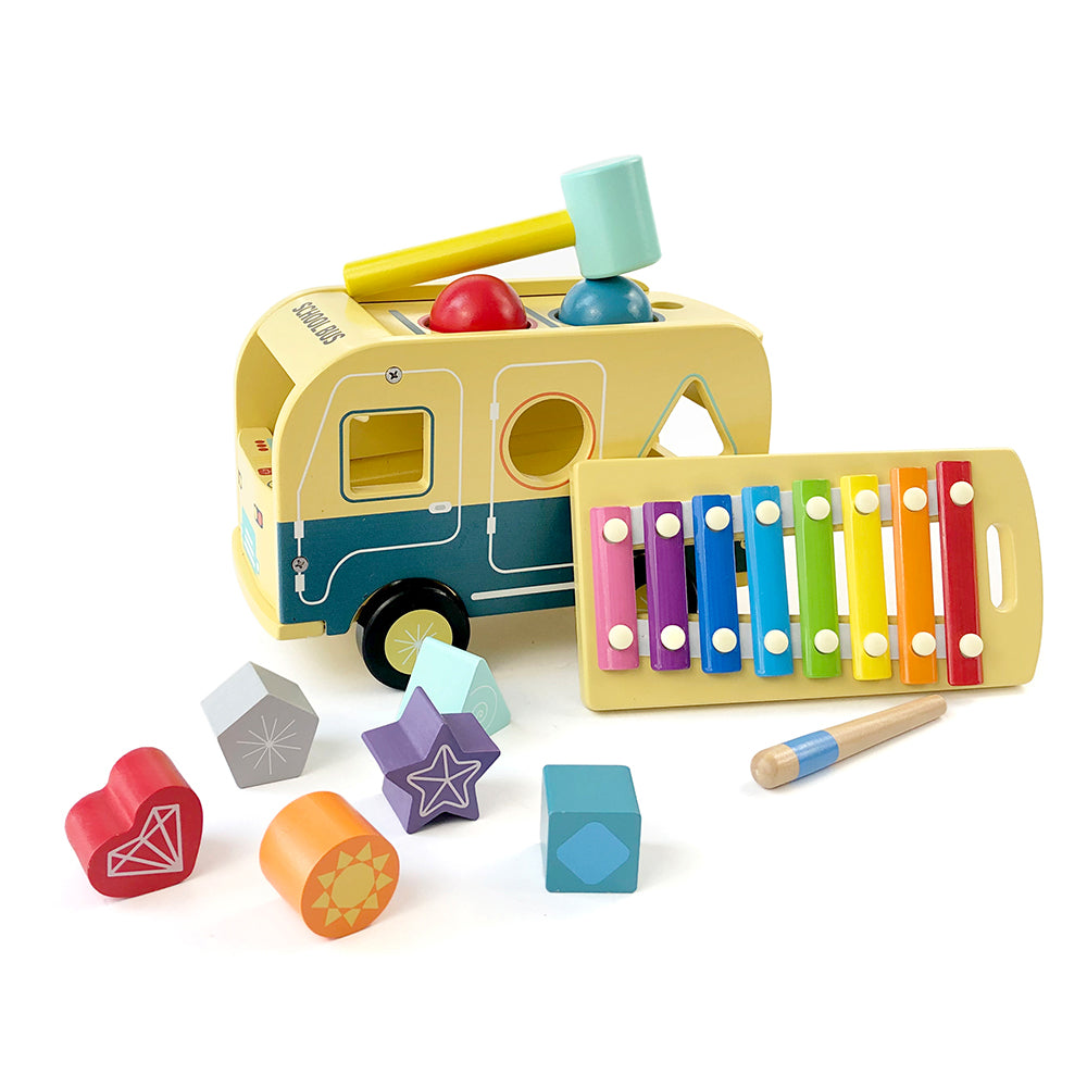 Leo & Friends School Bus Pound and Tap Bus Bench, Wooden Toy Bus with Slide Out Xylophone | Durable Musical Pounding Toy | 8 Colorful Blocks, 1 Hammer, and 1 Rainbow Xylophone Included | Perfect Educational Gift for Toddlers