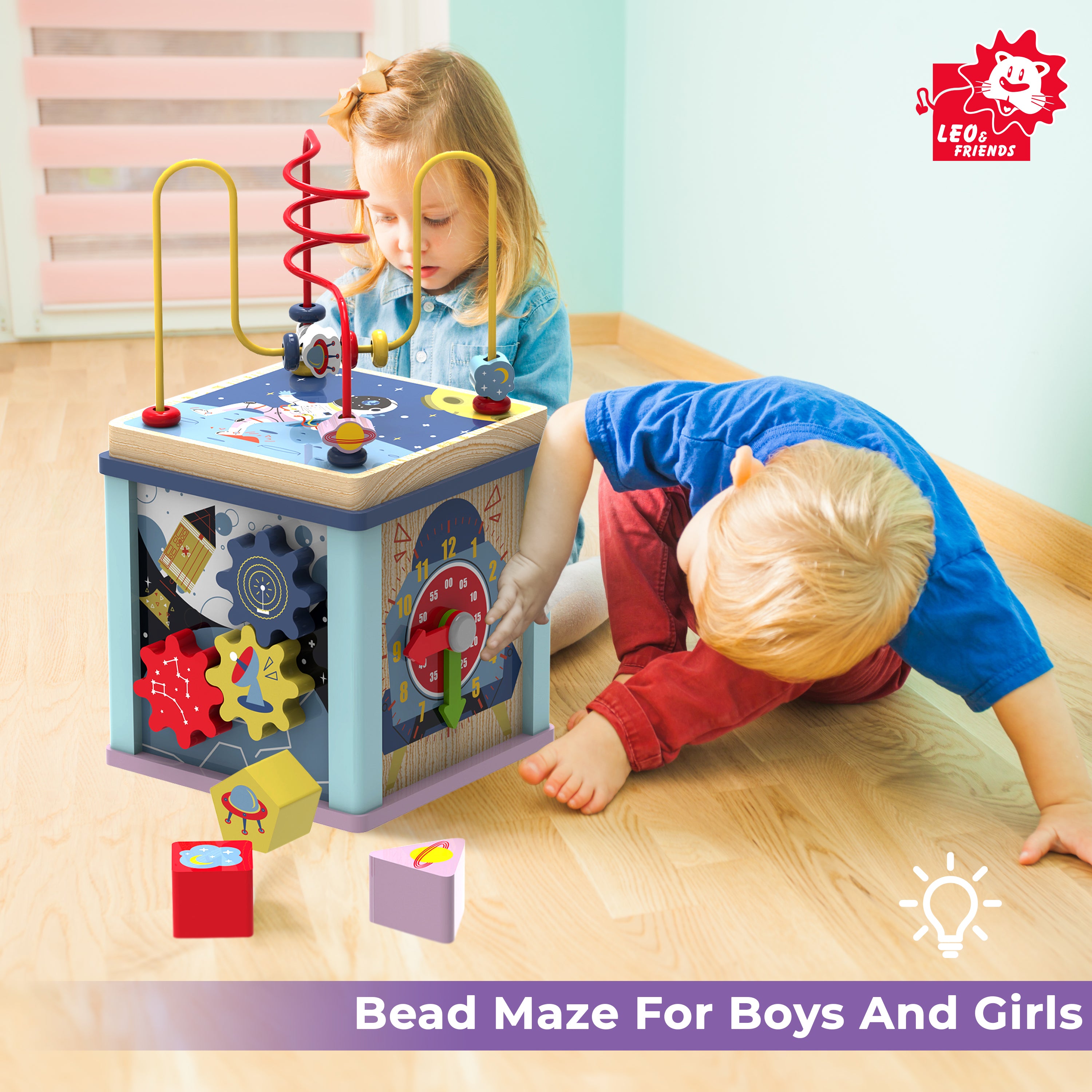 Leo & Friends Toddler Wooden Space Activity Cube, 6-Piece Educational Play Set, and Puzzle | Baby Toy with Bead Maze for Boys and Girls | Endless Activity Options, Perfect Birthday Present