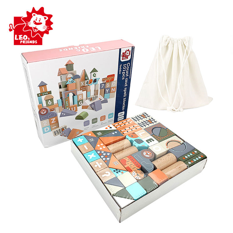 Leo & Friends Count & Spell Blocks Set for Toddlers/101 Pieces | ABC Blocks, Math Blocks, and Counting Blocks, Educational Toy Set for Kids Ages 1 Through 5 | Perfect Assorted Size and Shapes Block Kit for Holidays, Birthdays, & More