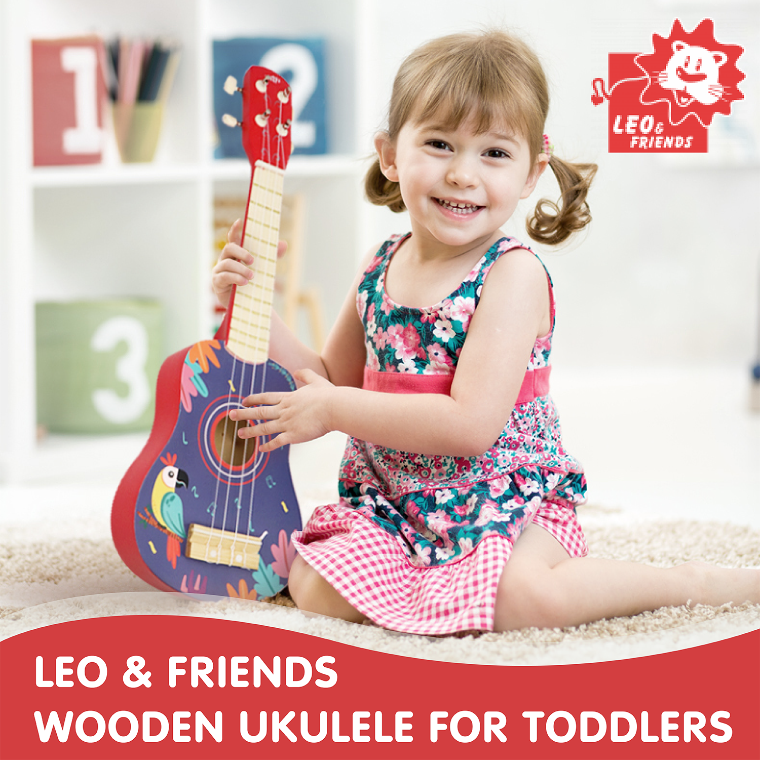 Leo & Friends Wooden Ukulele for Toddlers | Made with Non-Toxic Wood, Colorful Red & Purple Design with Parrots | Perfect Educational Music Toy for Girls and Boys, Includes Strings for Strumming