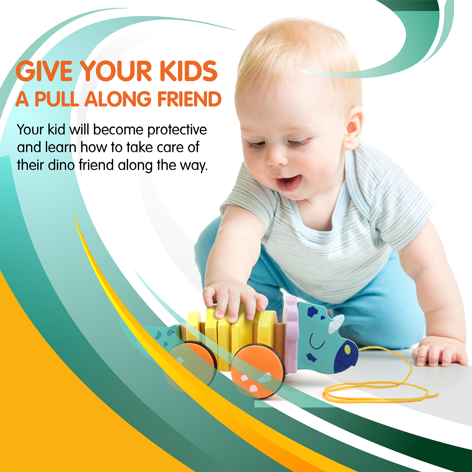 Leo & Friends Pull Along Walking Triceratops Wooden Toy for Boys and Girls | Flexible Dino Walk Along Toy, Pushes and Pulls | Rubbed Rimmed Wheels for Educational Fun, Perfect Birthday or Holiday Gift