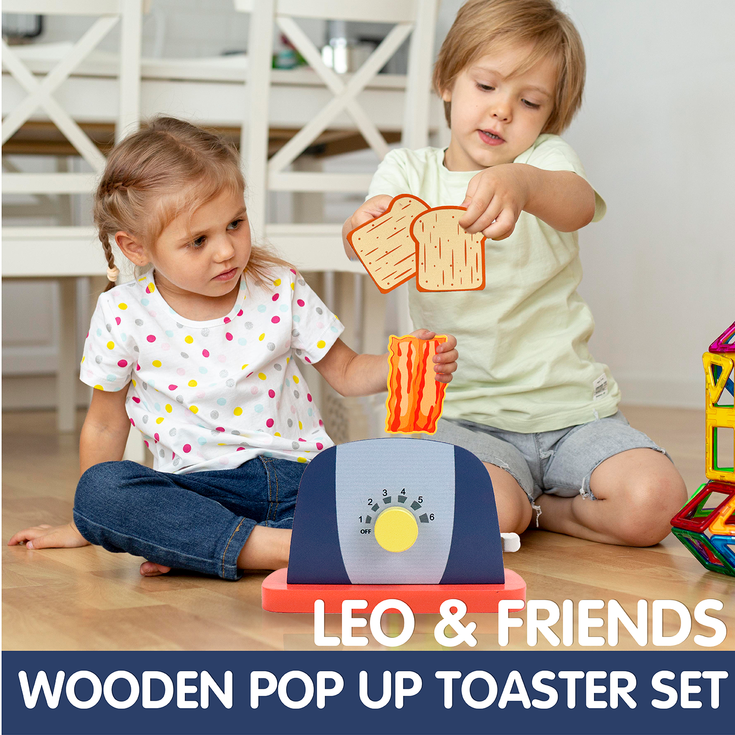 Leo & Friends Wooden Pop Up Toaster Set | 7 Piece Accessory Play Kitchen Wooden Toaster Toy for Children Ages 3-6 | Interactive Early Learning Made with High Quality Wood, Chemical-Free