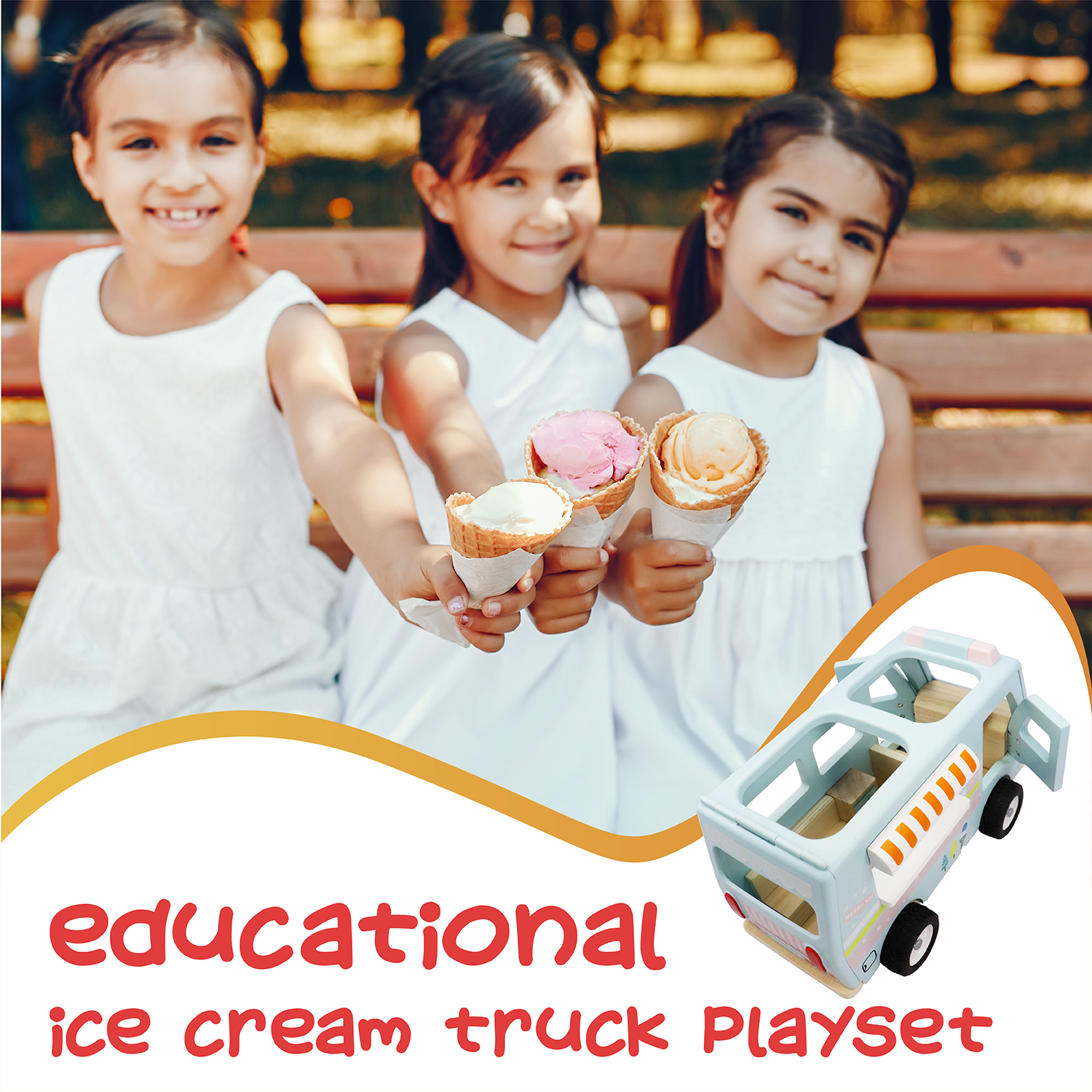 L&F Wooden Ice Cream Van, 3-Piece Set, for Toddlers 3-Years+ | Wooden Doll House Dolly Ice Cream Van Play Set | Educational Ice Cream Truck Playset, Perfect Birthday or Christmas Present