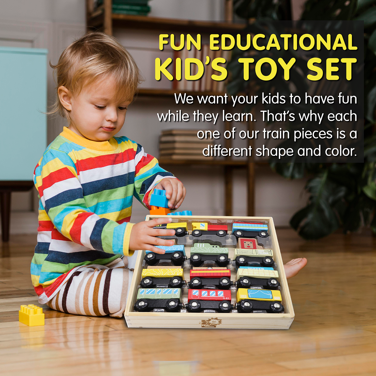 12-Piece Wooden Train Set for Kids, Ages 2, 3, 4, 5, and 6, Perfect for Preschoolers or Kid’s Birthday/Christmas Present | Includes Train Cars, Wagons, Freight Trucks, Magnet Connectors, Made with Non-Toxic Wood