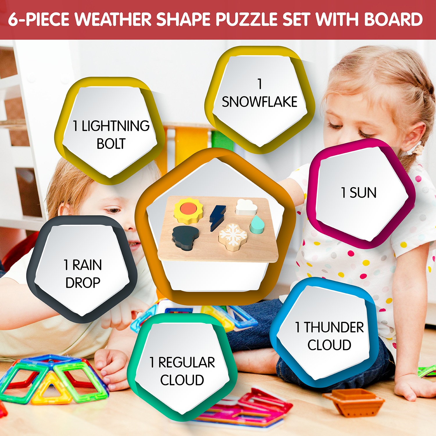L&F Weather Shape Puzzle Kit with 6 Weather Wooden Pieces and 1 Board | Developmental Toy Set for 2, 3, 4, 5, and 6-Year-Olds, Toddlers, Preschoolers, and Kids | Made with Non-Toxic Wood